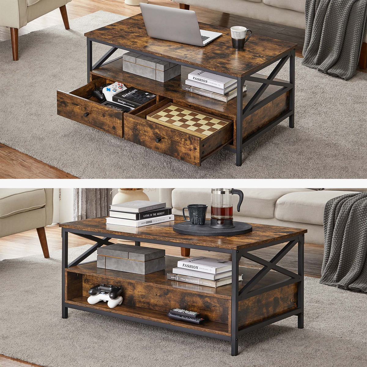 Coffee Table - Wood - Rustic Brown and Black - Open Shelf for Display and Accessibility