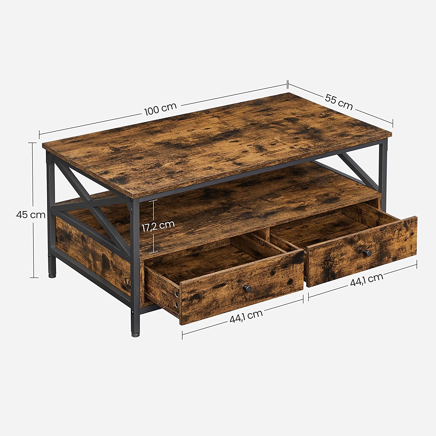 Coffee Table - Wood - Rustic Brown and Black - Open Shelf for Display and Accessibility