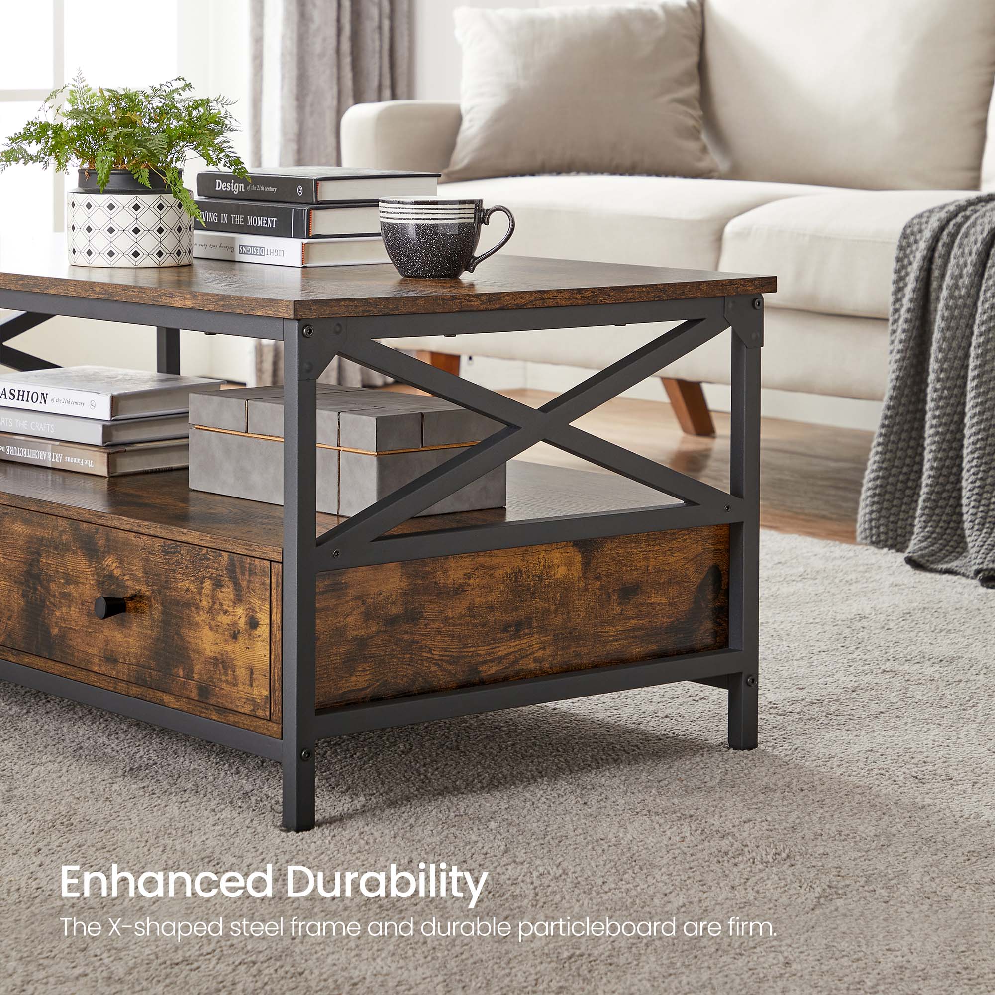 Coffee Table - Wood - Rustic Brown and Black - Open Shelf for Display and Accessibility