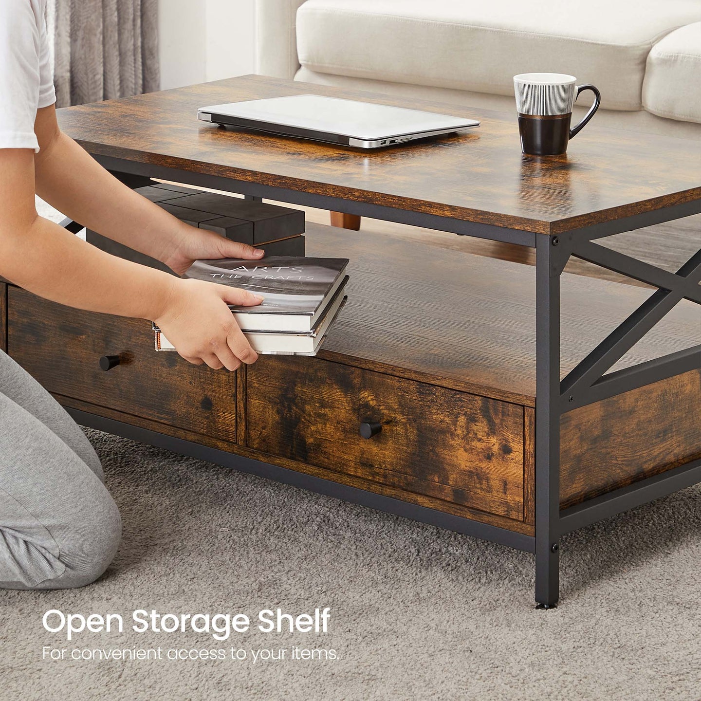 Coffee Table - Wood - Rustic Brown and Black - Open Shelf for Display and Accessibility
