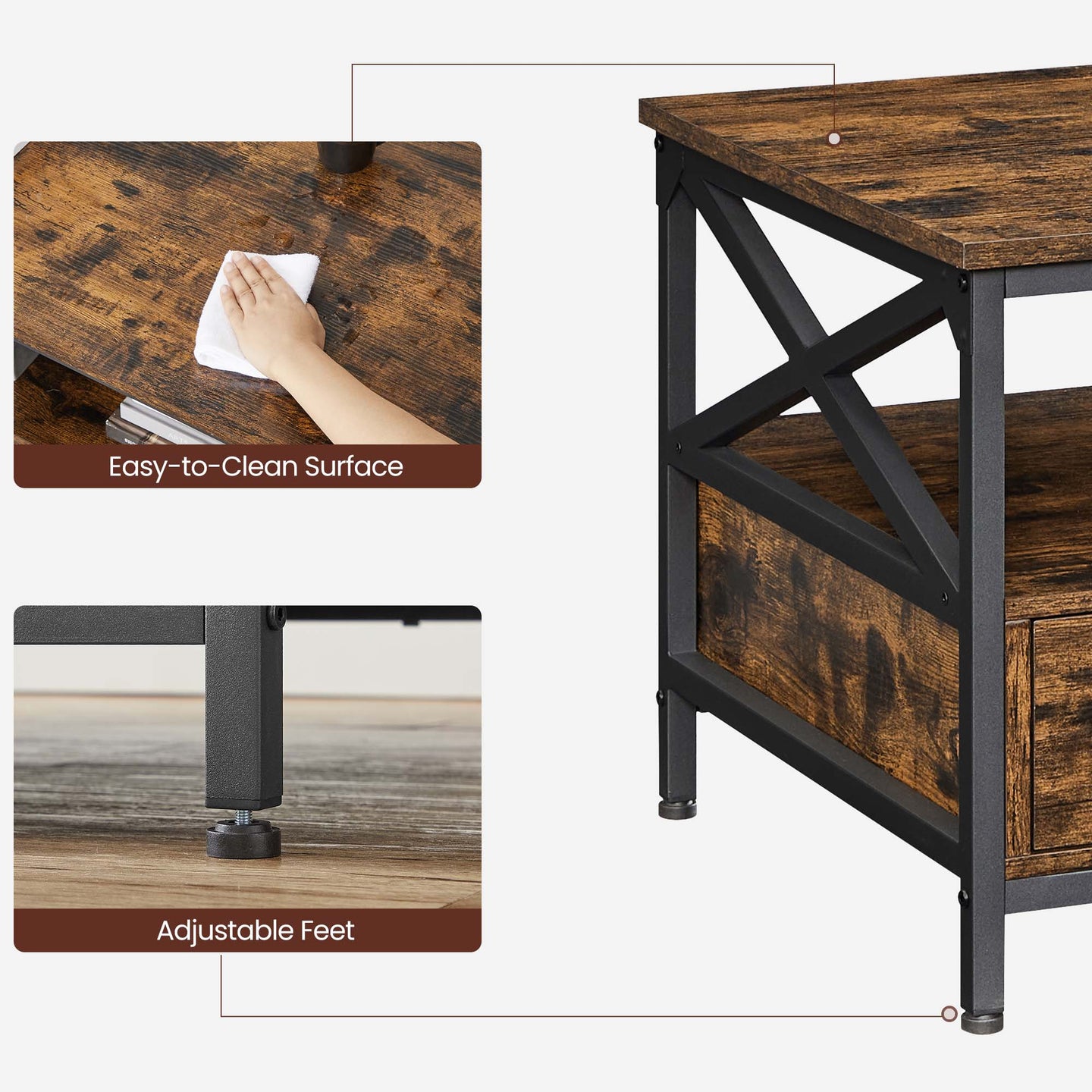 Coffee Table - Wood - Rustic Brown and Black - Open Shelf for Display and Accessibility