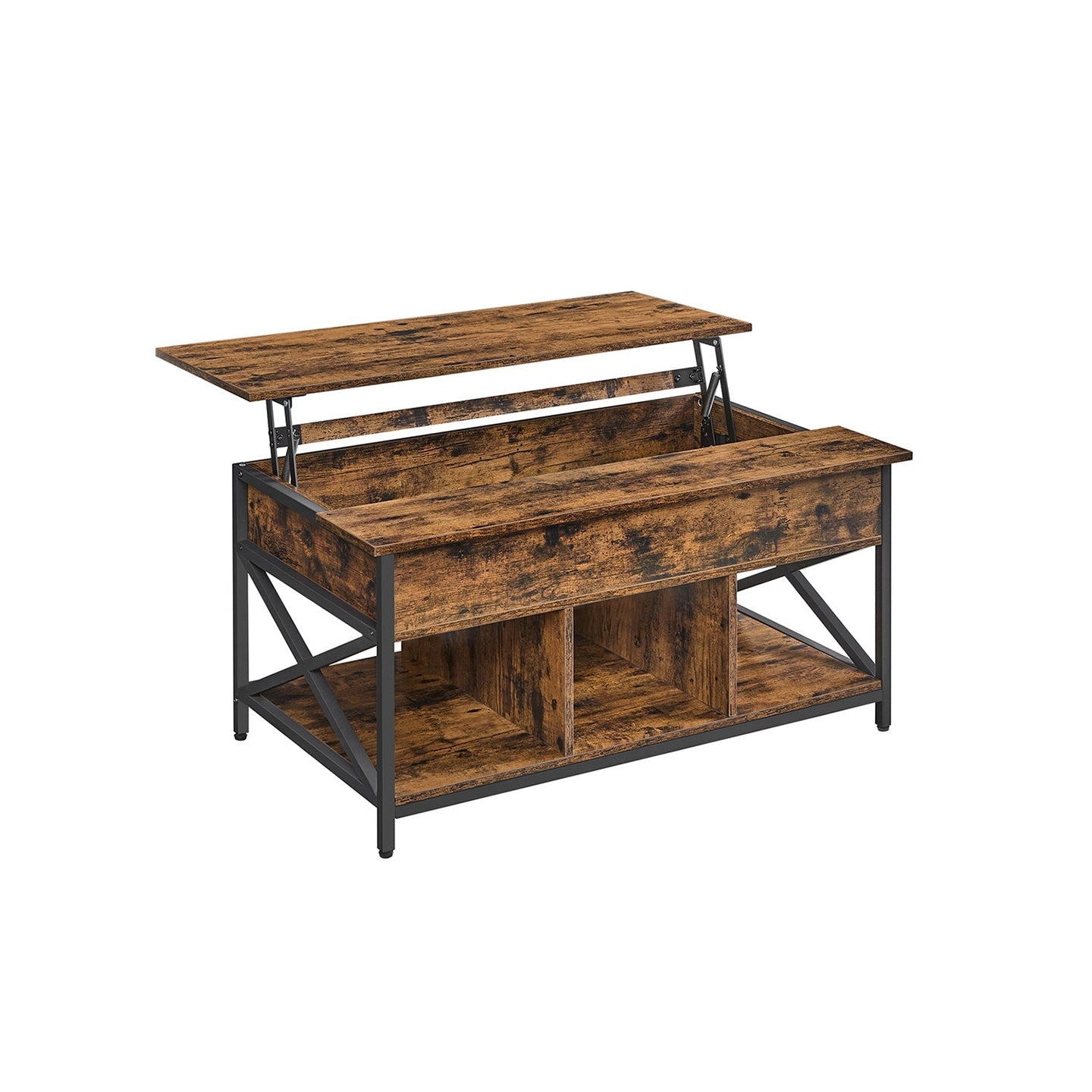 Lift-Top Coffee Table - Wood - Brown - Open and Hidden Storage with X-Shaped Bars
