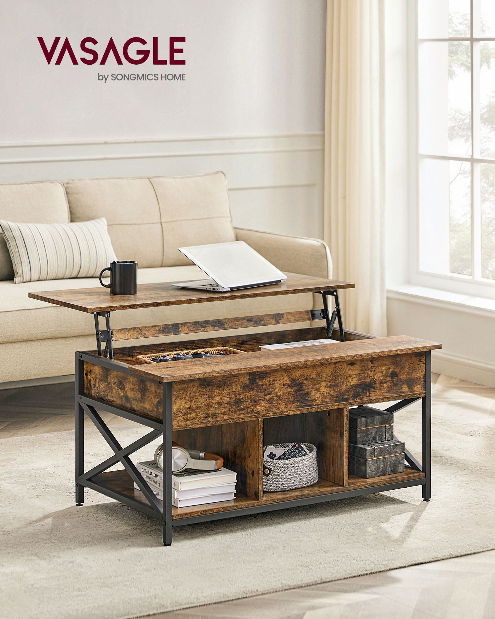 Lift-Top Table Coffee Table for Living Room - Steel and Wood - Rustic Brown