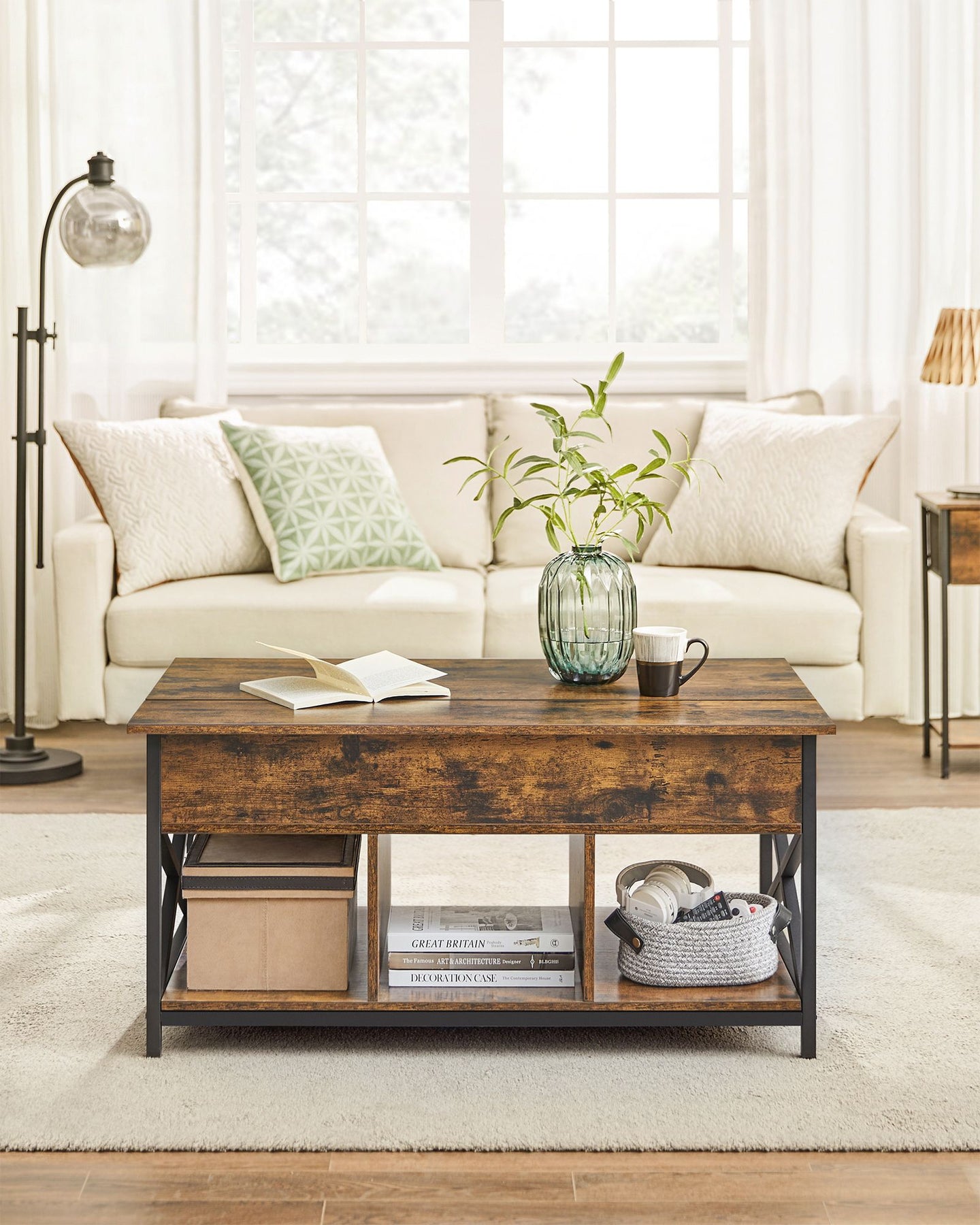 Lift-Top Coffee Table - Wood - Brown - Open and Hidden Storage with X-Shaped Bars