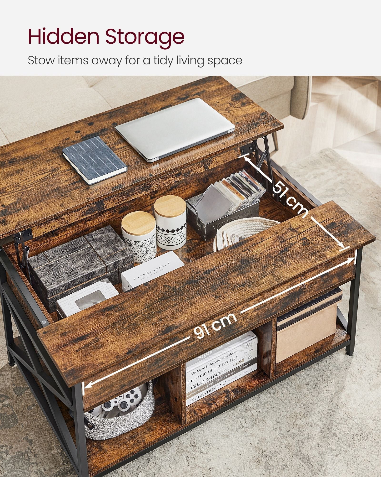 Lift-Top Coffee Table - Wood - Brown - Open and Hidden Storage with X-Shaped Bars