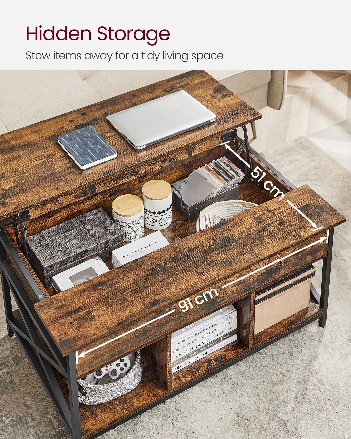 Lift-Top Table Coffee Table for Living Room - Steel and Wood - Rustic Brown