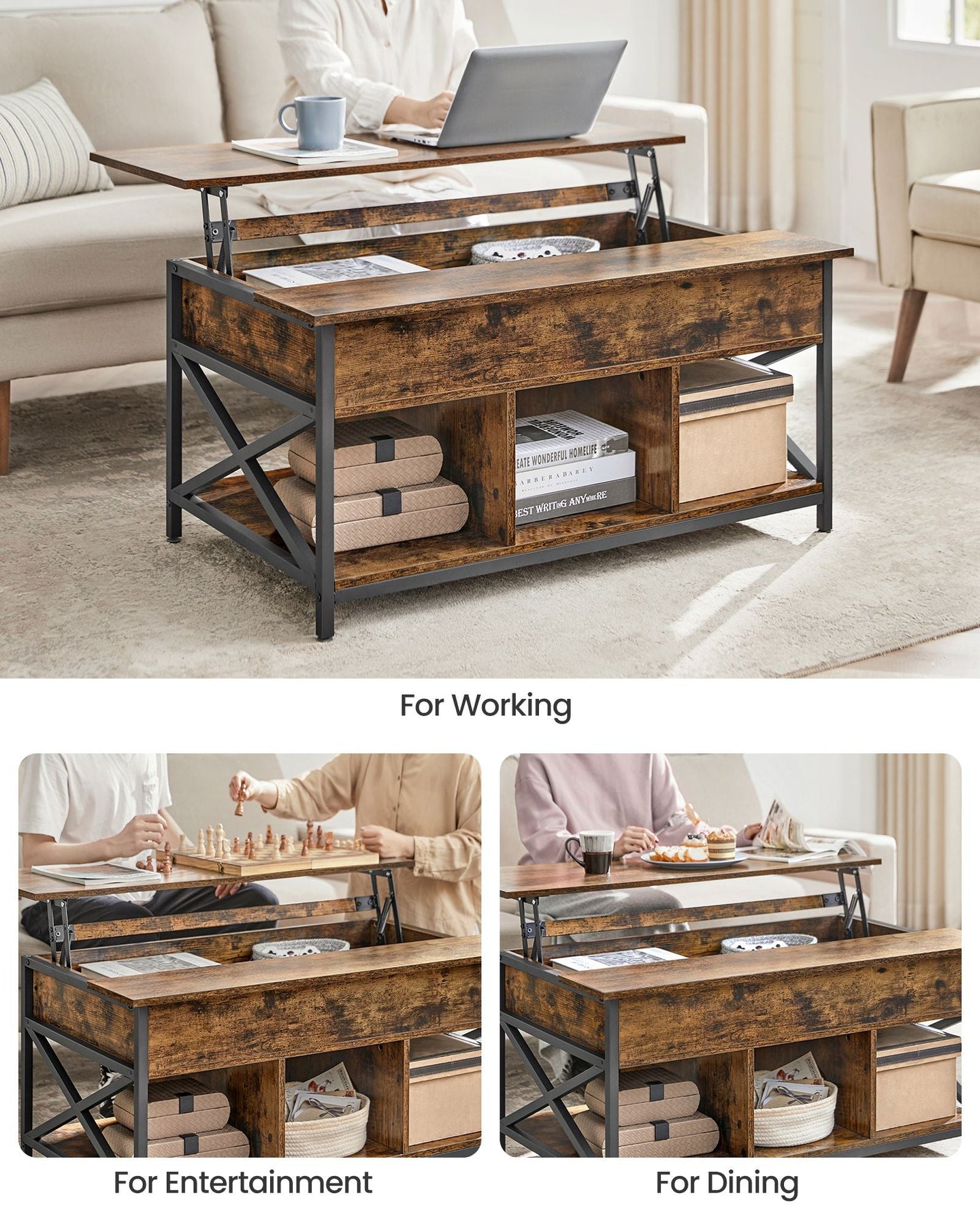 Lift-Top Coffee Table - Wood - Brown - Open and Hidden Storage with X-Shaped Bars