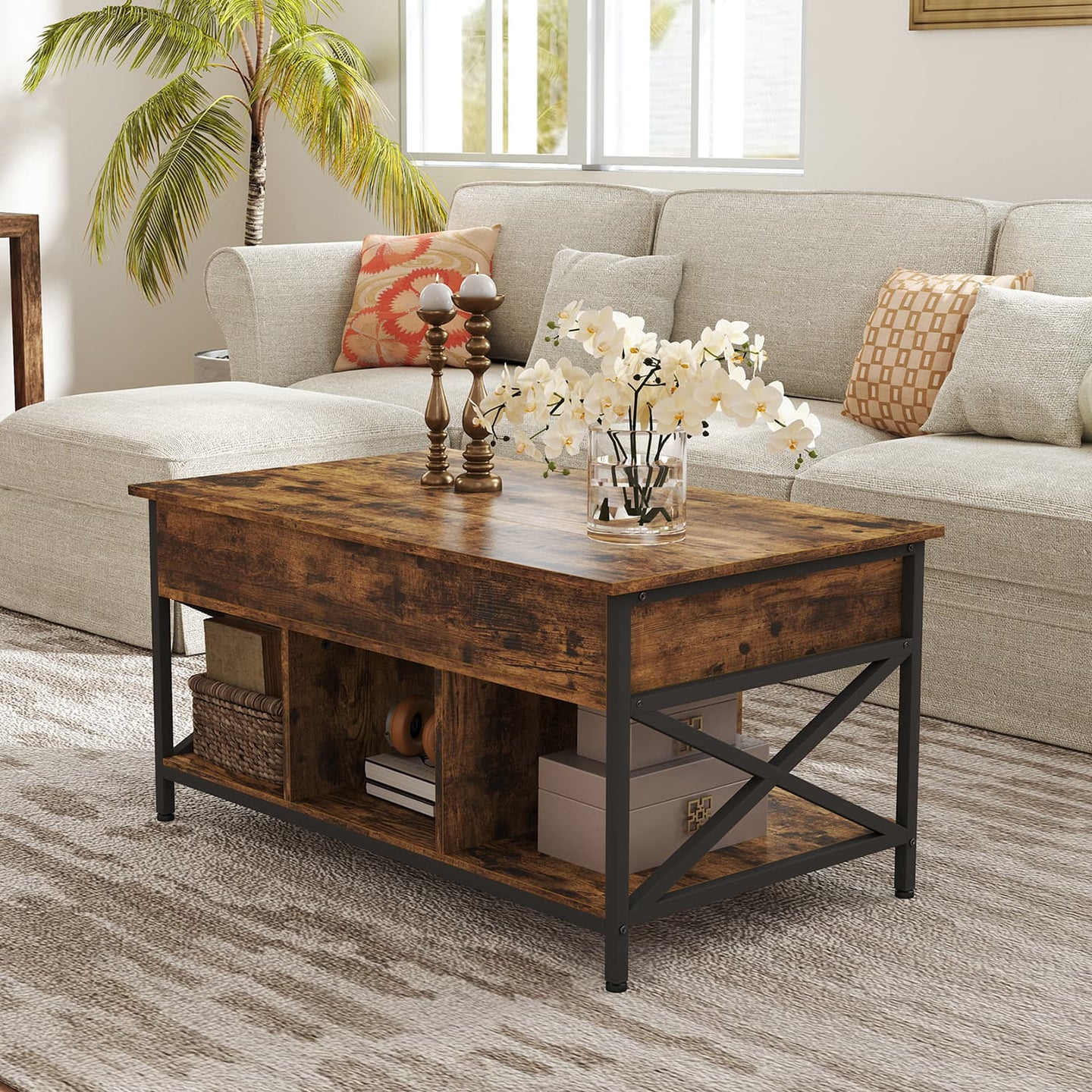 Lift-Top Coffee Table - Wood - Brown and Black - Open and Hidden Storage with X-Shaped Bars