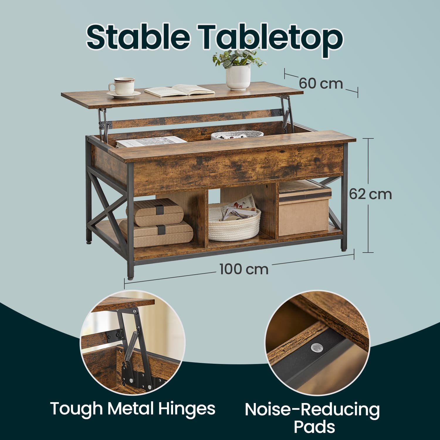 Lift-Top Coffee Table - Wood - Brown and Black - Open and Hidden Storage with X-Shaped Bars