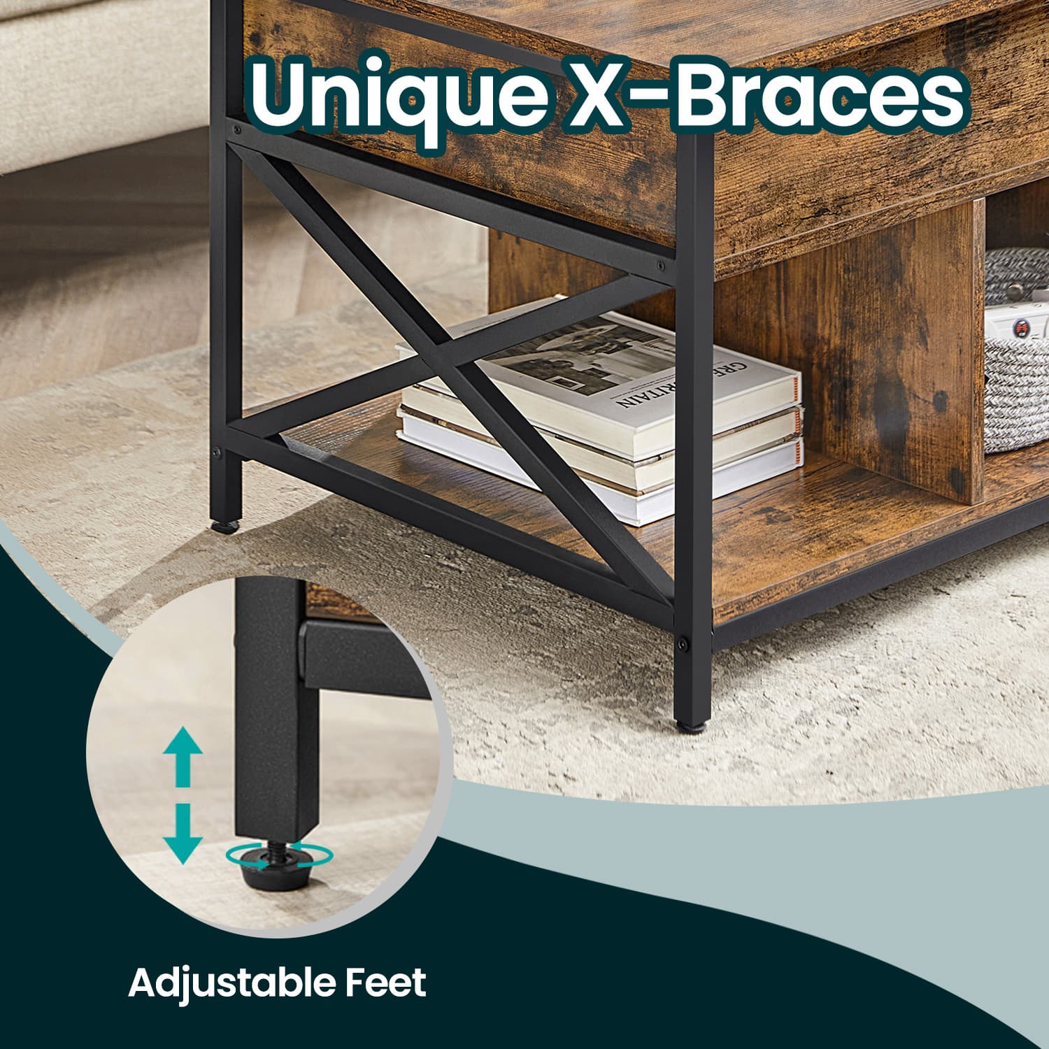 Lift-Top Coffee Table - Wood - Brown and Black - Open and Hidden Storage with X-Shaped Bars
