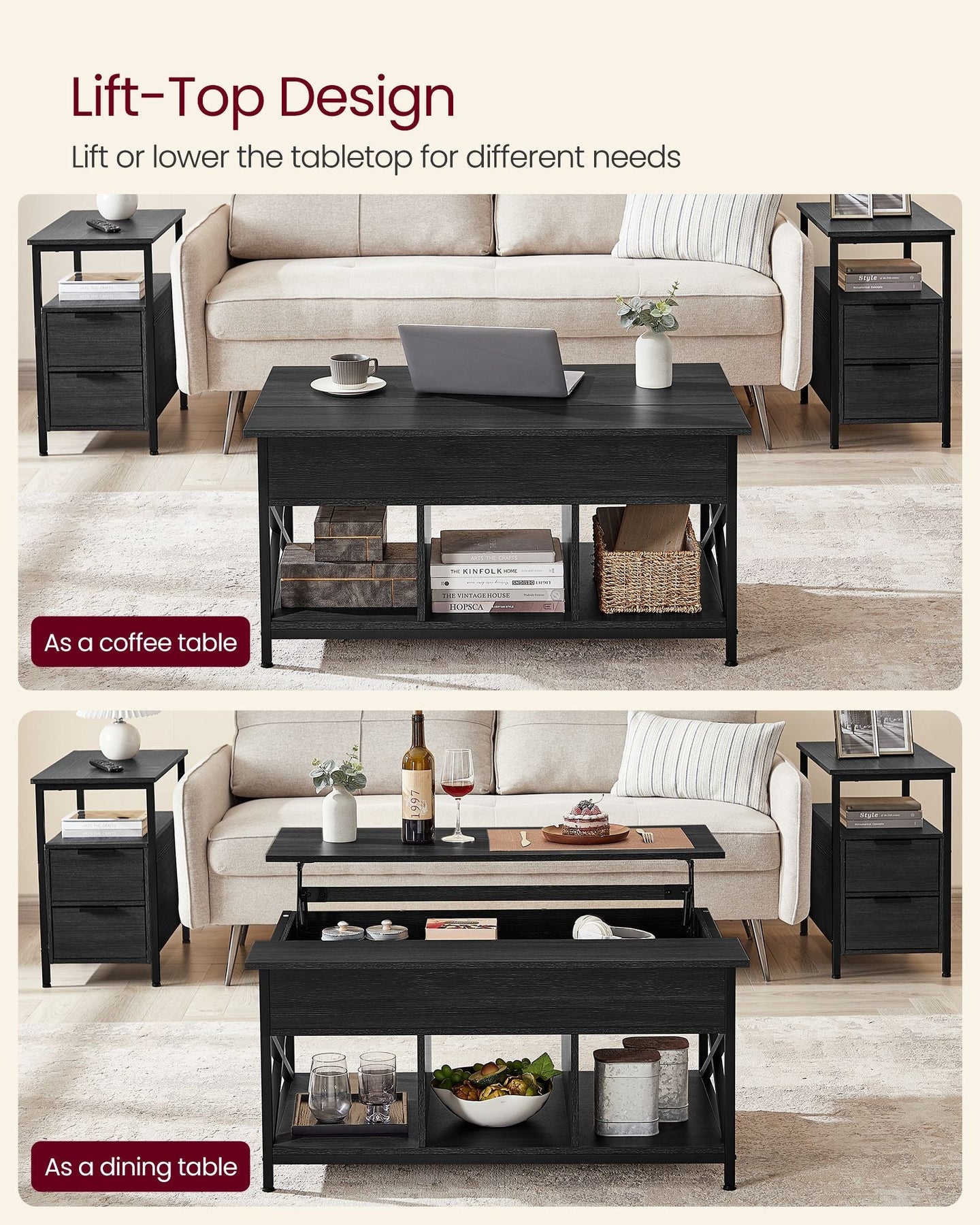 Lift-Top Coffee Table - MDF - Charcoal Gray and Black - Open and Hidden Storage