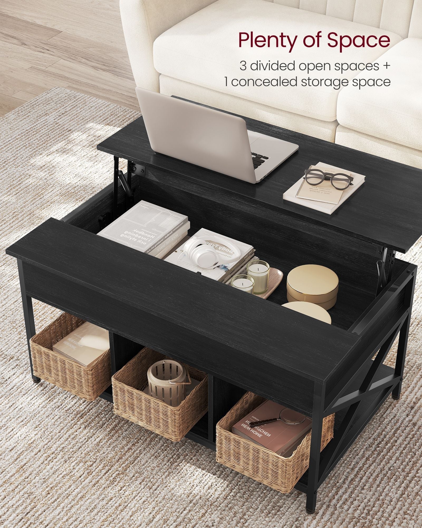 Lift-Top Coffee Table - MDF - Charcoal Gray and Black - Open and Hidden Storage