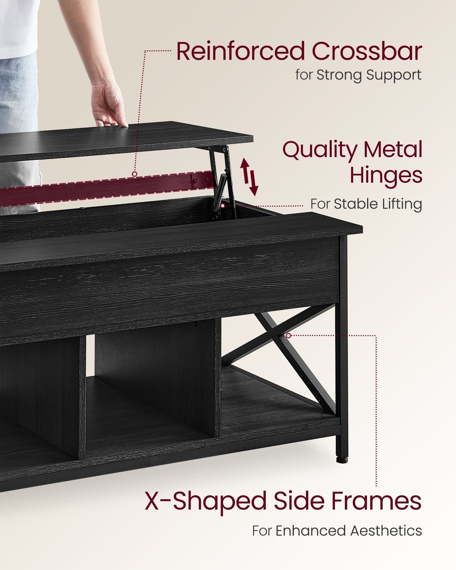 Lift-Top Coffee Table - MDF - Charcoal Gray and Black - Open and Hidden Storage