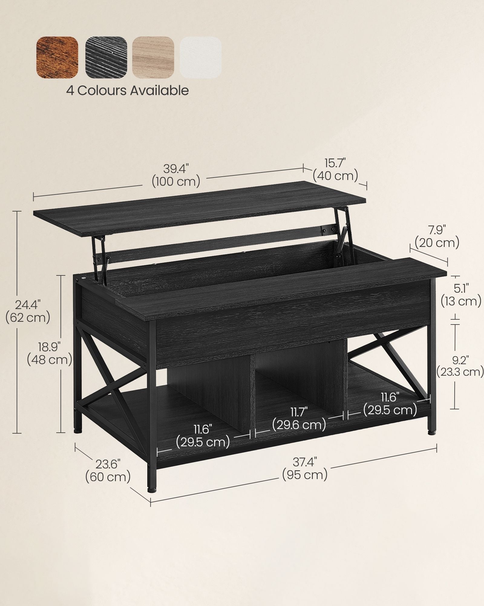 Lift-Top Coffee Table - MDF - Charcoal Gray and Black - Open and Hidden Storage