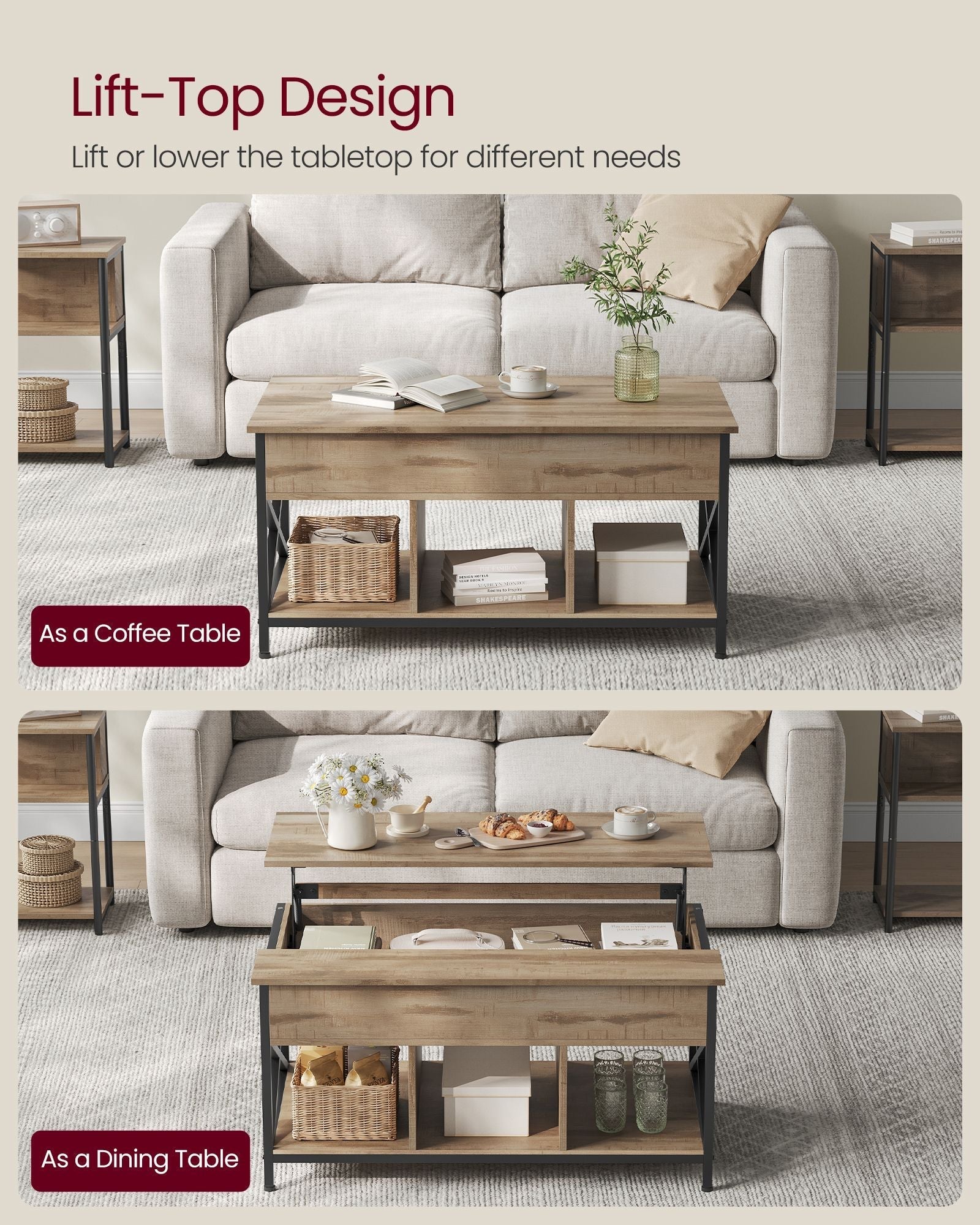 Lift-Top Coffee Table - Wood - Natural Finish - Open and Hidden Storage with X-Shaped Design