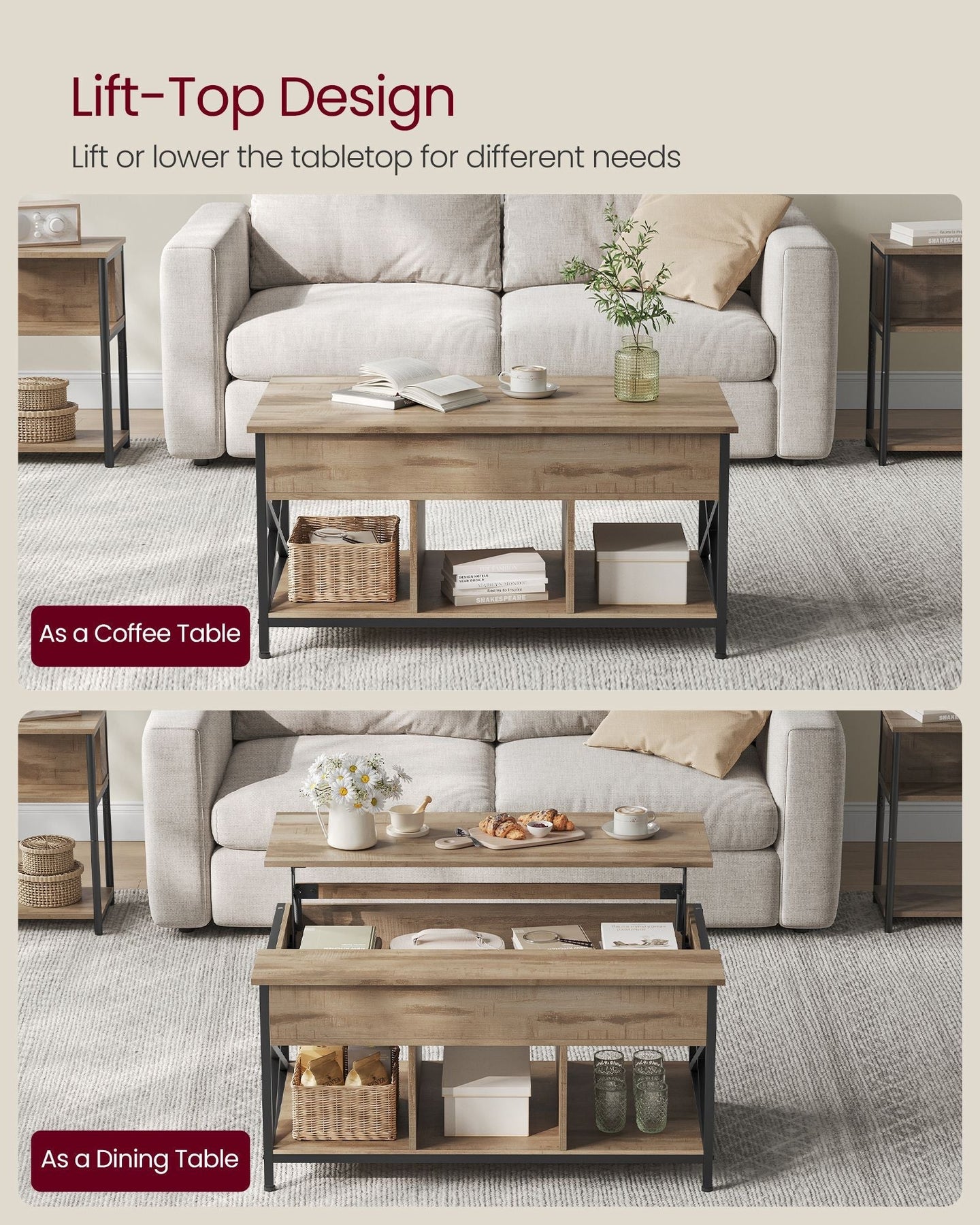 Lift-Top Coffee Table - Wood - Natural Finish - Open and Hidden Storage with X-Shaped Design