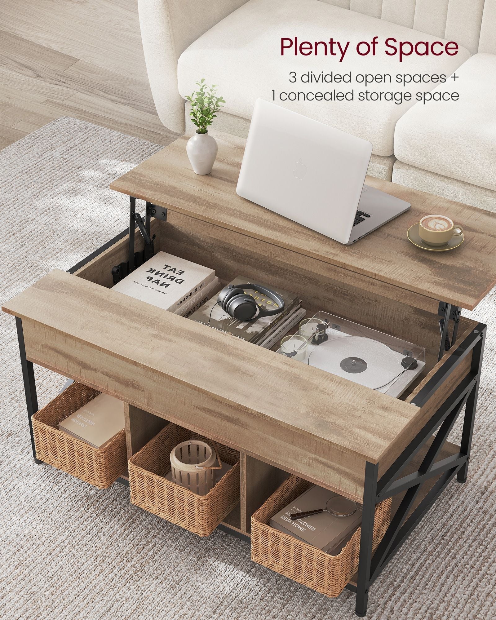 Lift-Top Coffee Table - Wood - Natural Finish - Open and Hidden Storage with X-Shaped Design