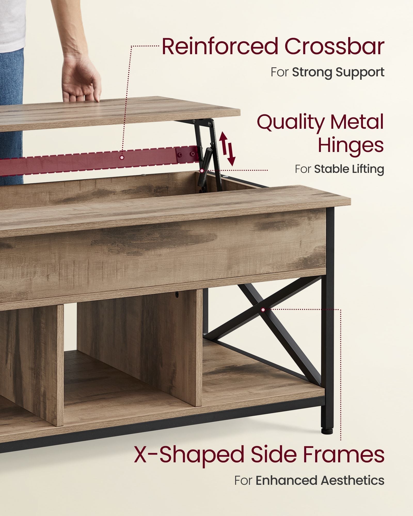 Lift-Top Coffee Table - Wood - Natural Finish - Open and Hidden Storage with X-Shaped Design
