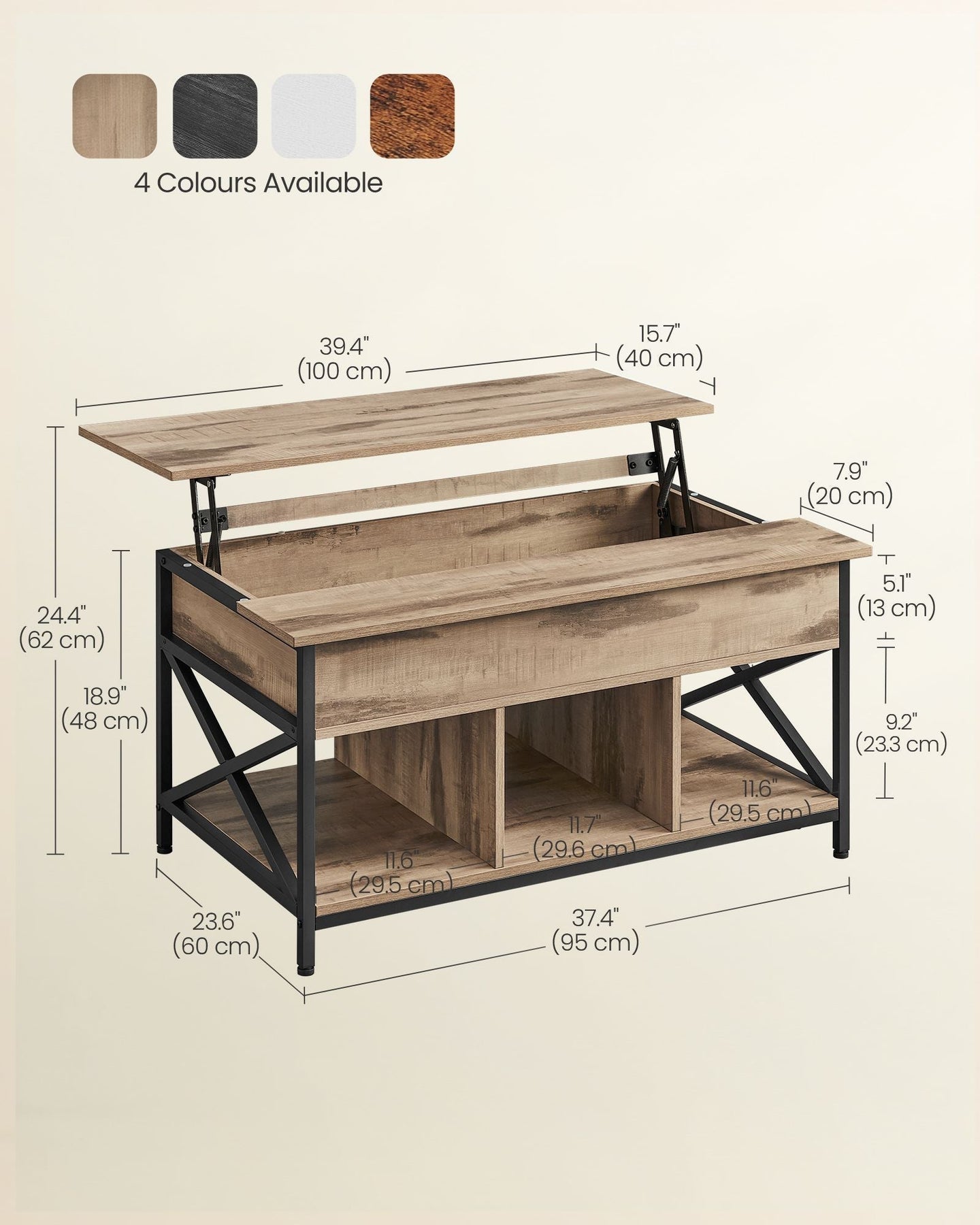 Lift-Top Coffee Table - Wood - Natural Finish - Open and Hidden Storage with X-Shaped Design