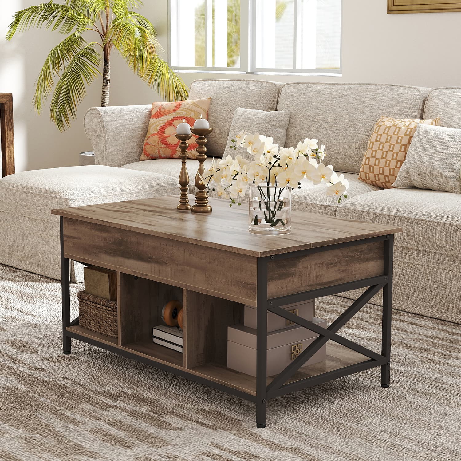 Lift-Top Coffee Table - Wood - White - Open and Hidden Storage with X-Shaped Bars