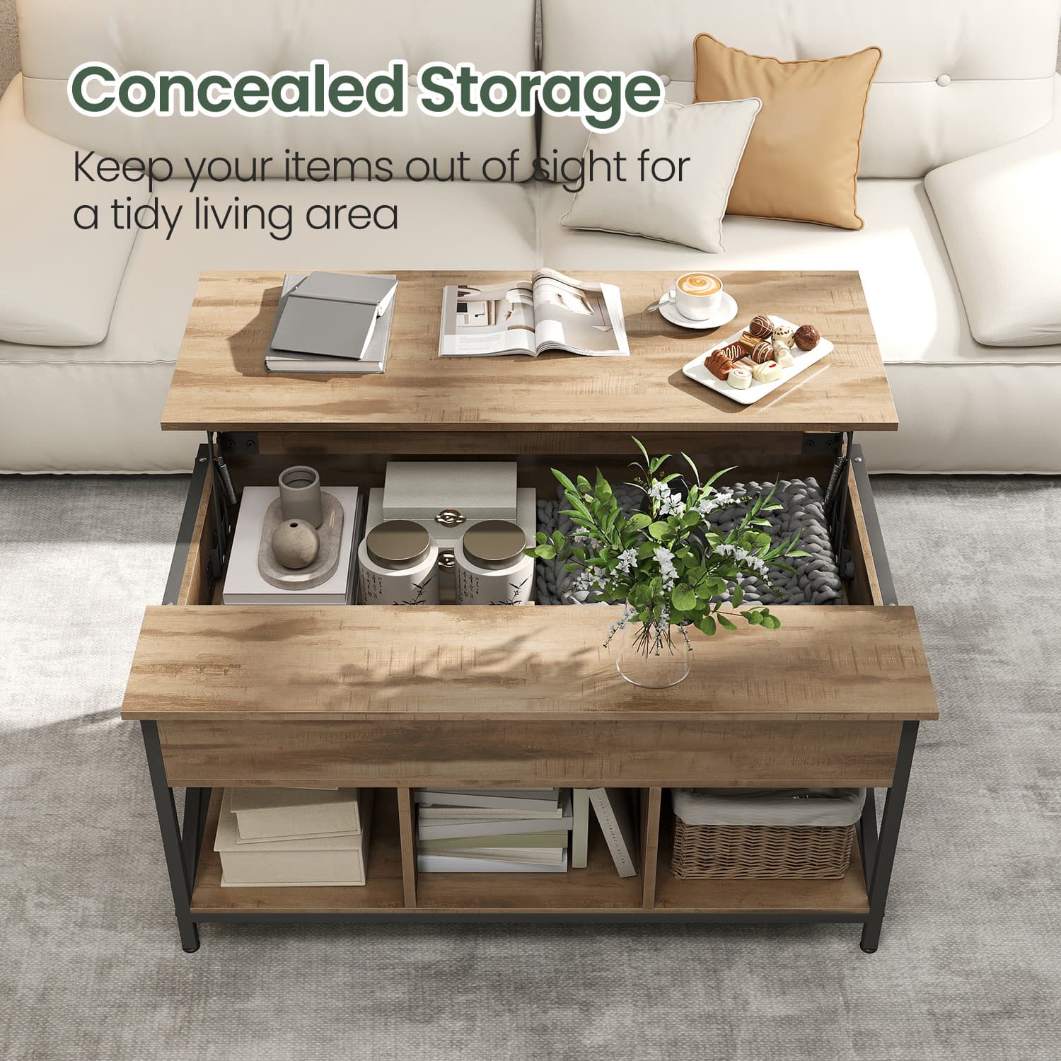 Lift-Top Coffee Table - Wood - White - Open and Hidden Storage with X-Shaped Bars