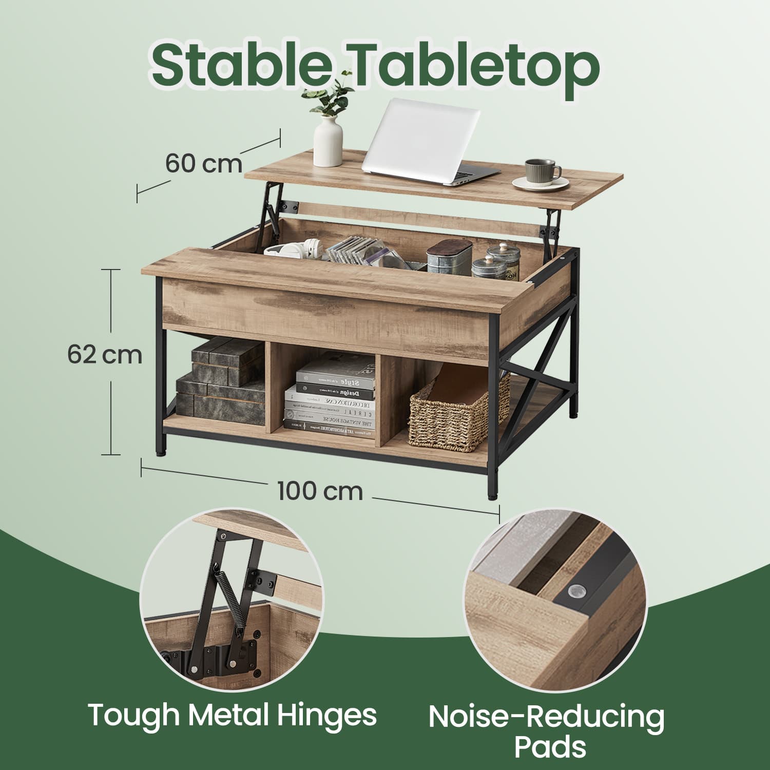 Lift-Top Coffee Table - Wood - White - Open and Hidden Storage with X-Shaped Bars