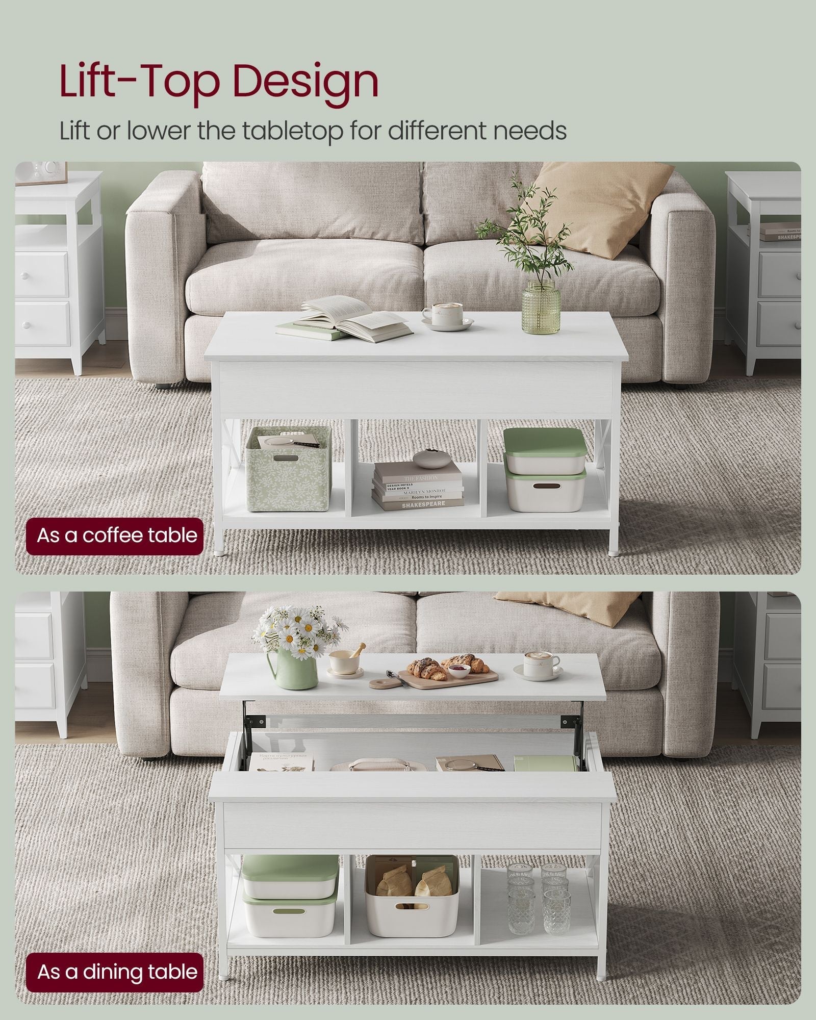 Lift-Top Coffee Table - Wood - Brown - Open and Hidden Storage with X-Shaped Bars