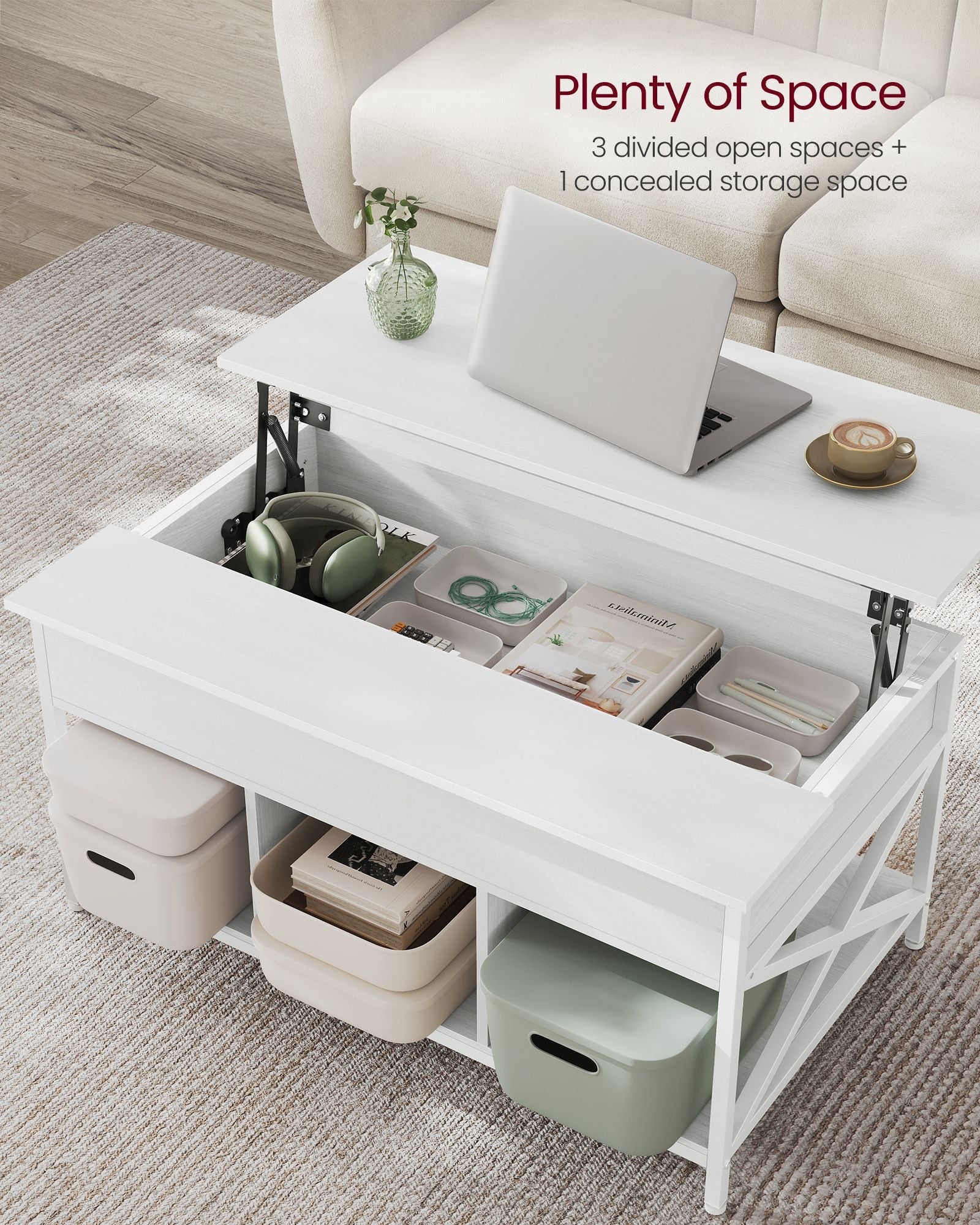 Lift-Top Coffee Table - Wood - Brown - Open and Hidden Storage with X-Shaped Bars