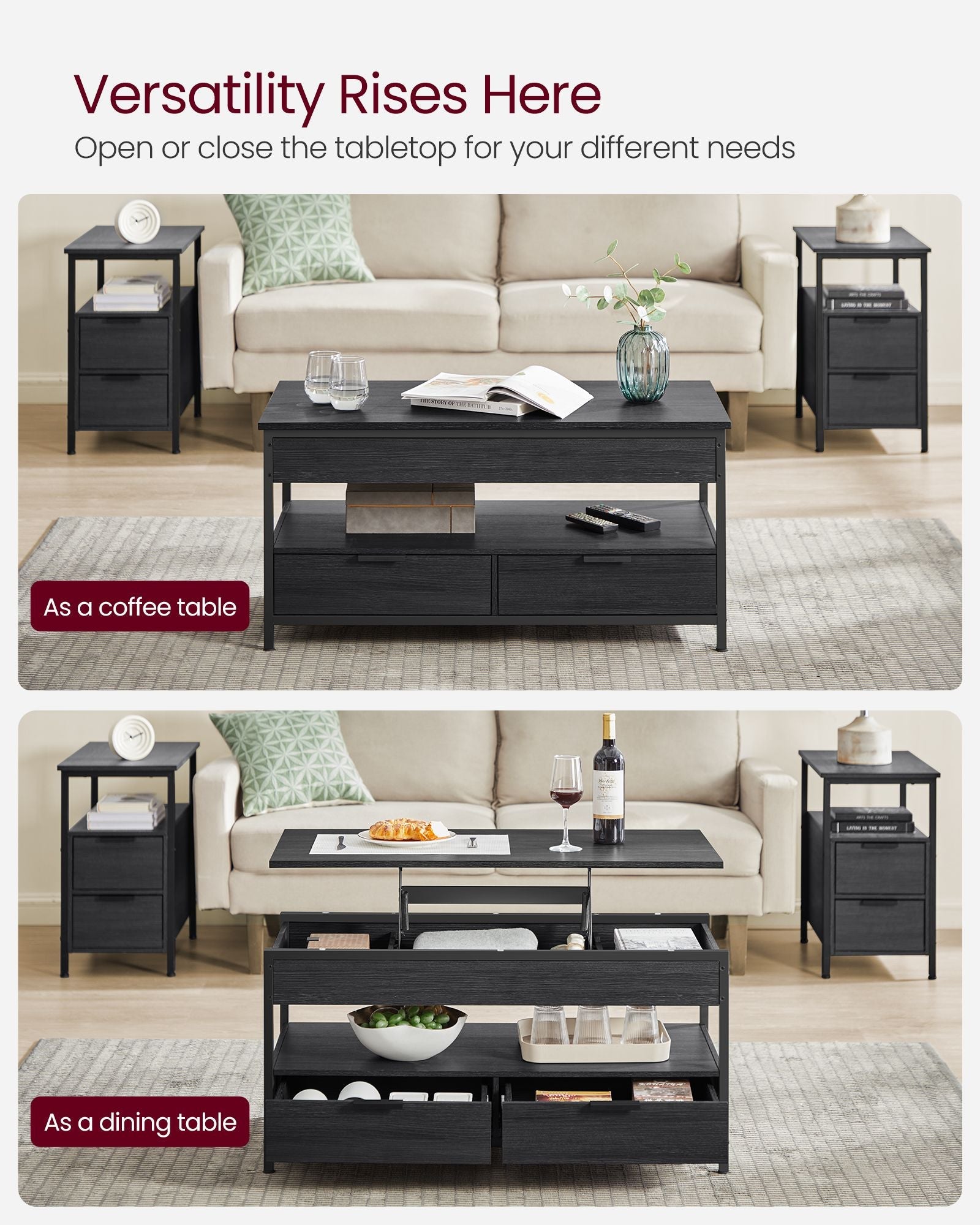 Lift Top Coffee Table - Engineered Wood - Charcoal Grey - With Storage Drawers and Hidden Compartments