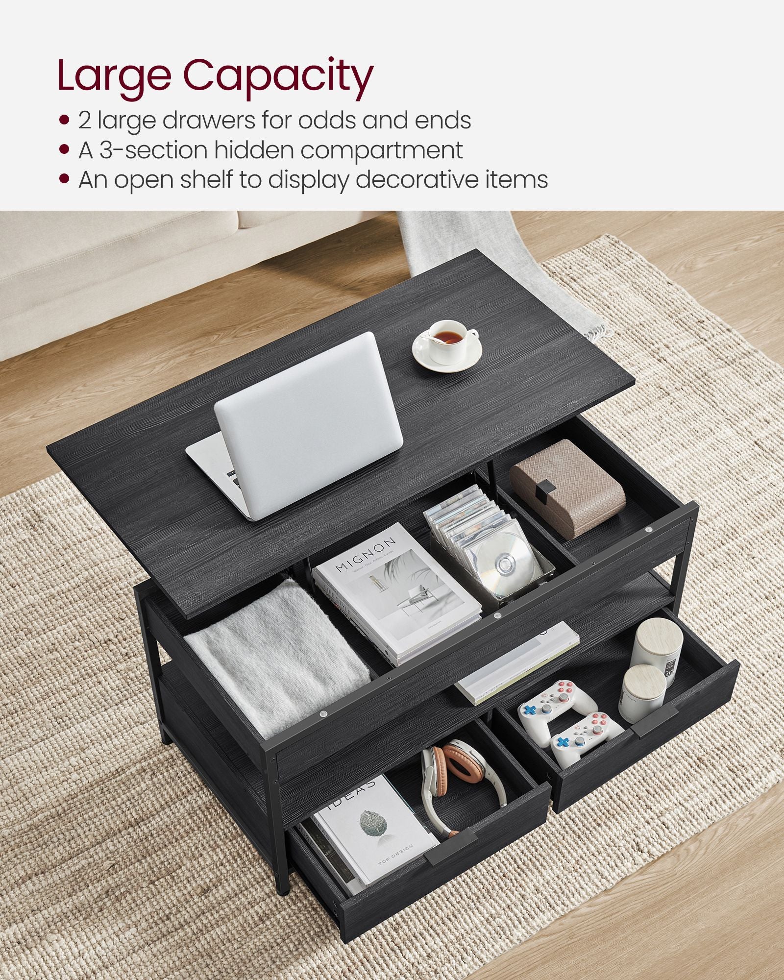 Lift Top Coffee Table - Engineered Wood - Charcoal Grey - With Storage Drawers and Hidden Compartments