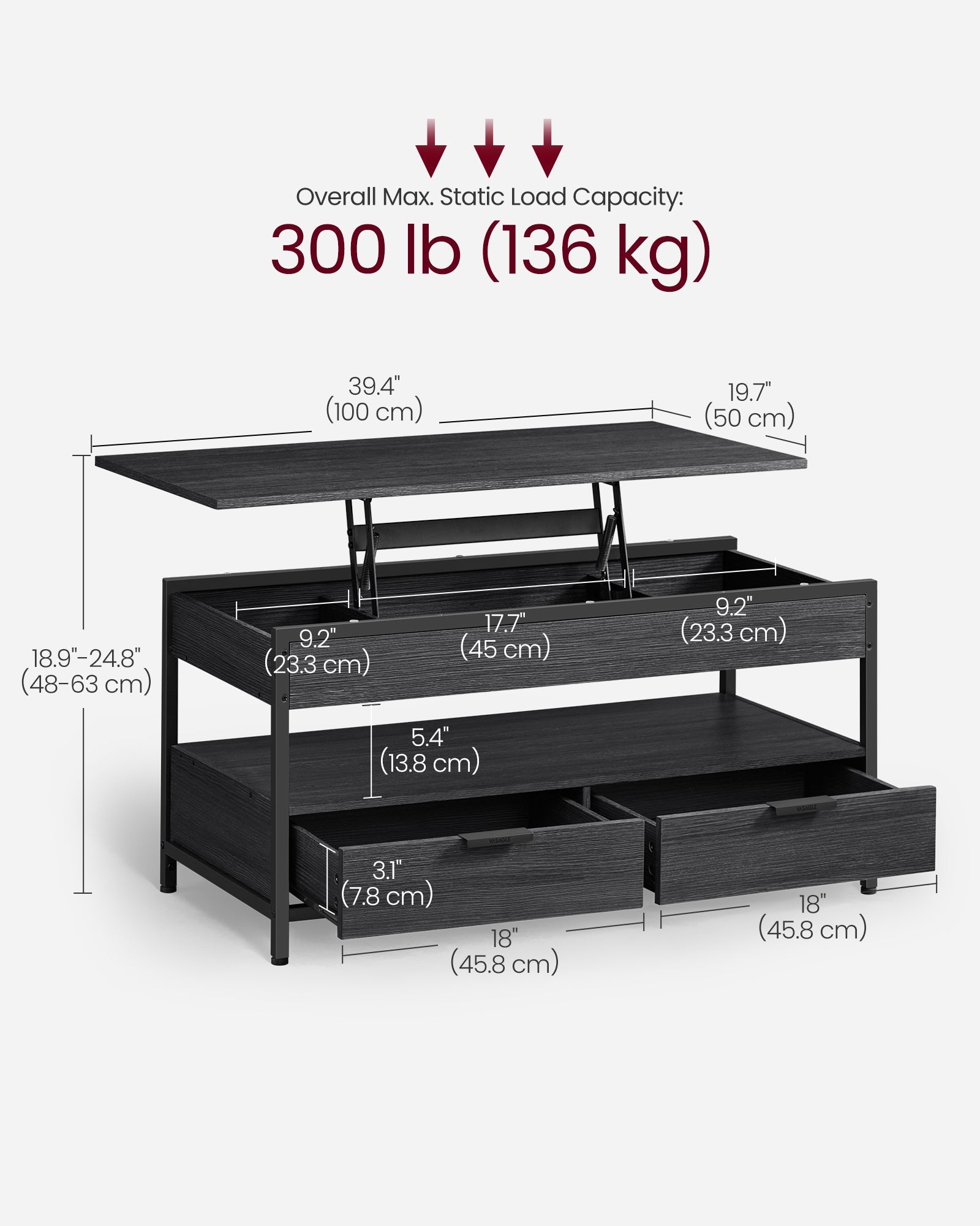 Lift Top Coffee Table - Engineered Wood - Charcoal Grey - With Storage Drawers and Hidden Compartments