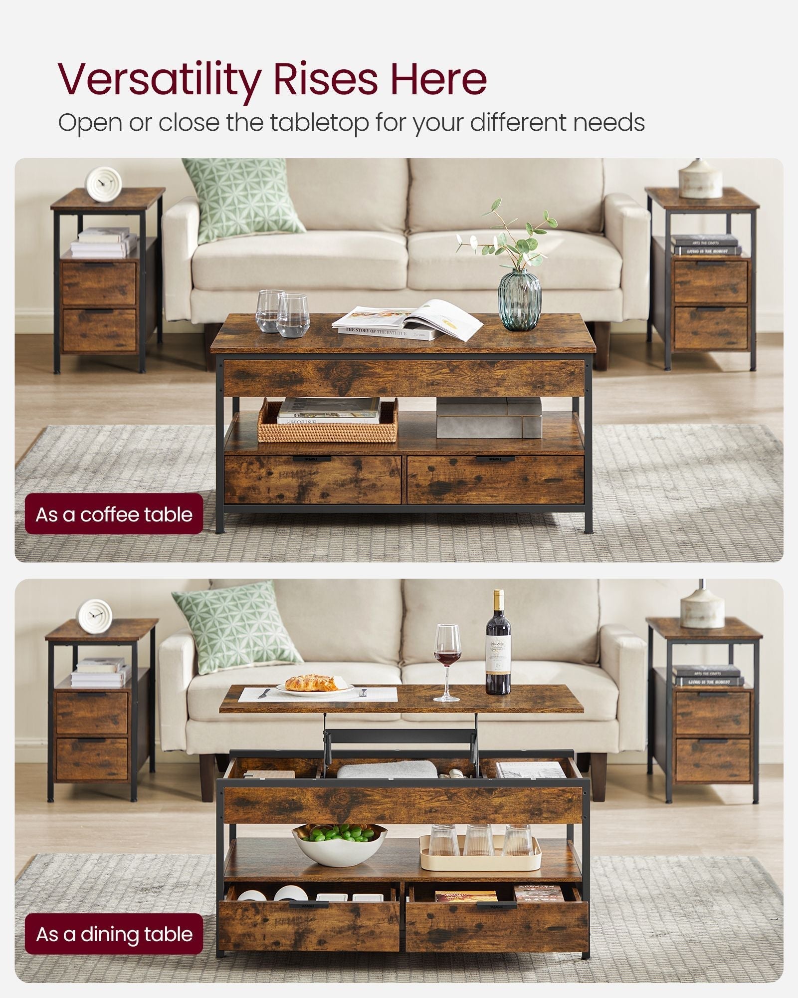 Lift Top Coffee Table - Wood - Brown - Storage Drawers and Hidden Compartments