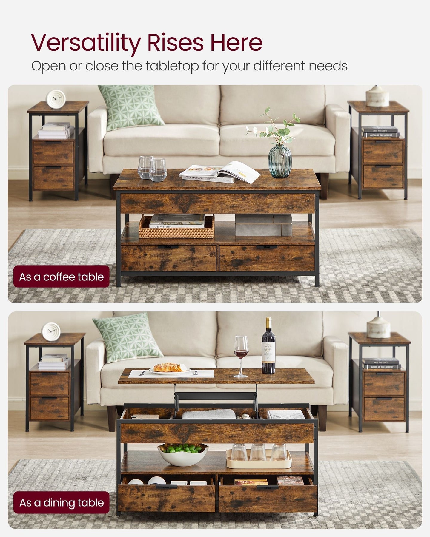 Lift Top Coffee Table - Wood - Brown - Storage Drawers and Hidden Compartments