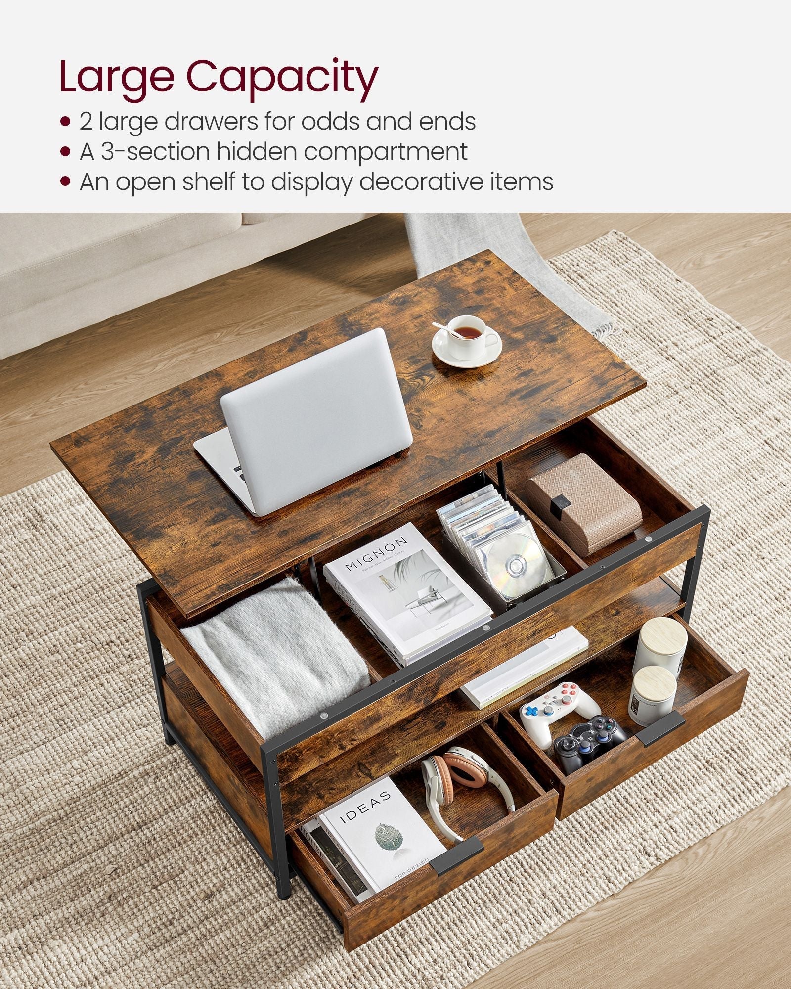 Lift Top Coffee Table - Wood - Brown - Storage Drawers and Hidden Compartments