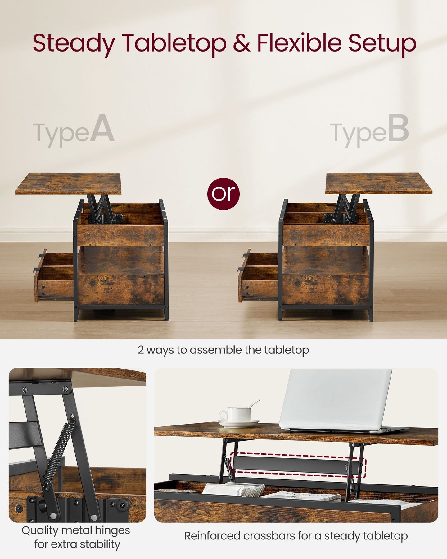 Lift Top Coffee Table - Wood - Brown - Storage Drawers and Hidden Compartments