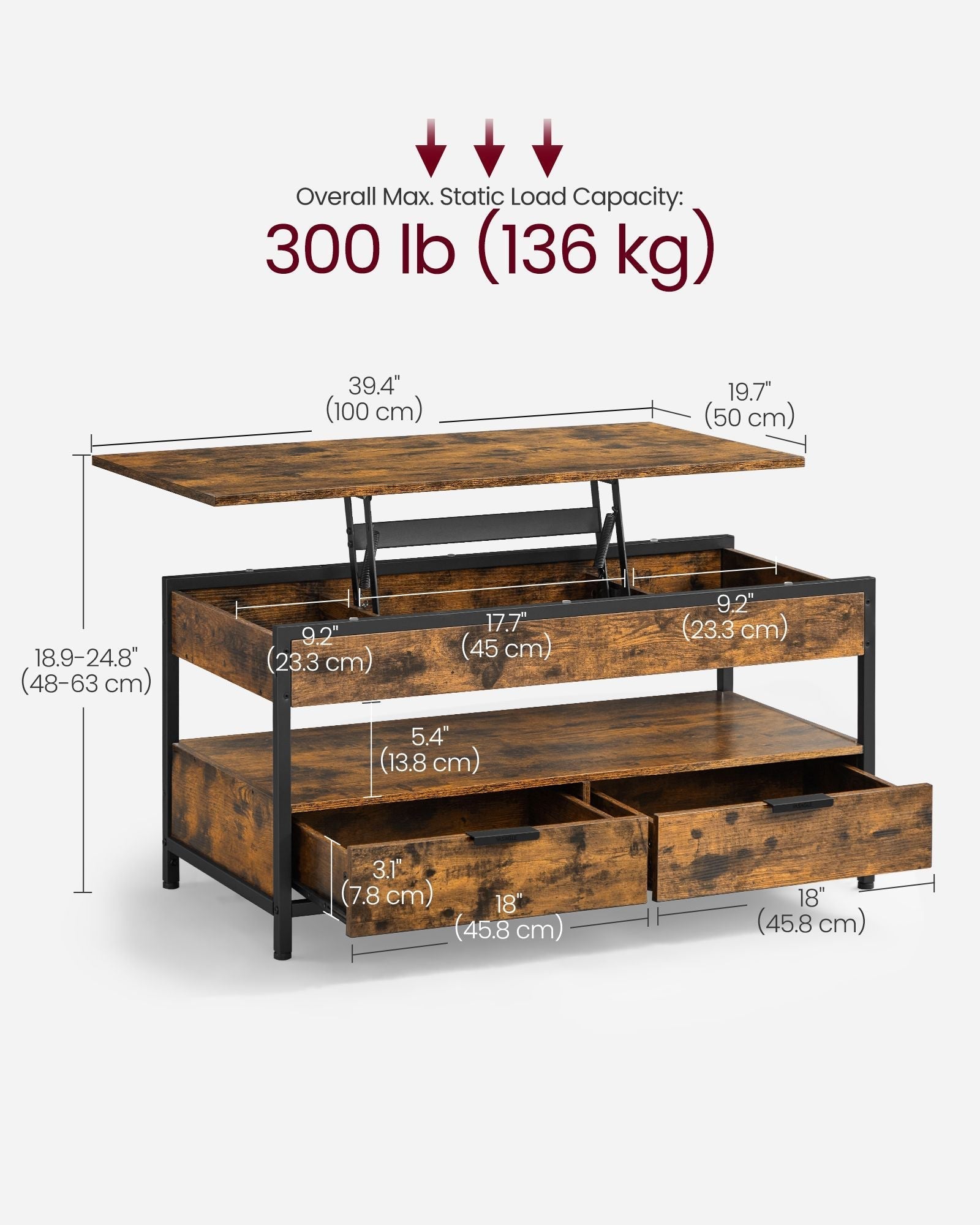Lift Top Coffee Table - Wood - Brown - Storage Drawers and Hidden Compartments