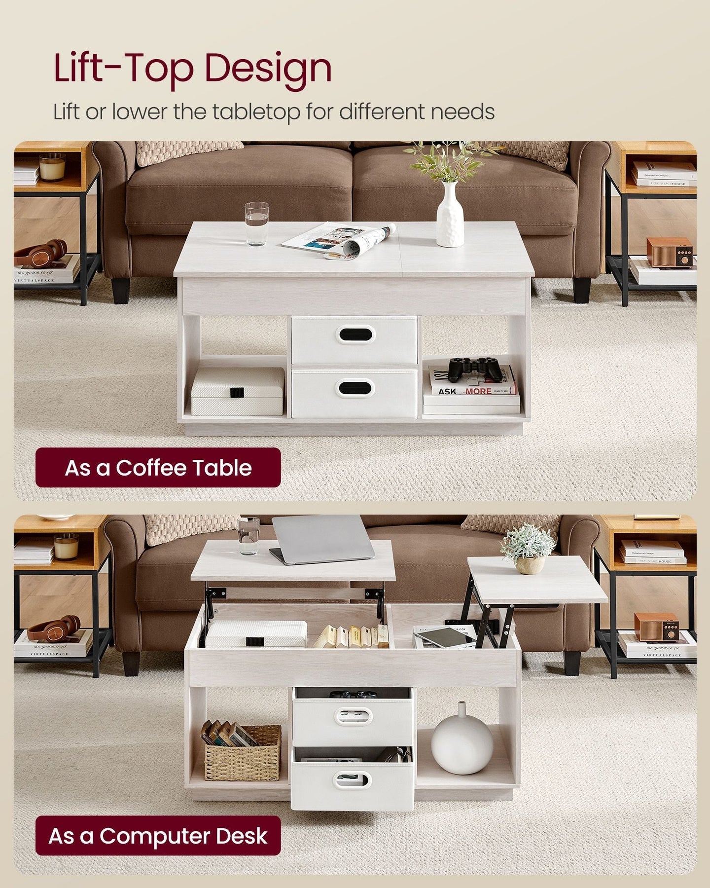 Lift Top Coffee Table - Wood - Oatmeal Beige - Dual Drawer and Hidden Compartment Design