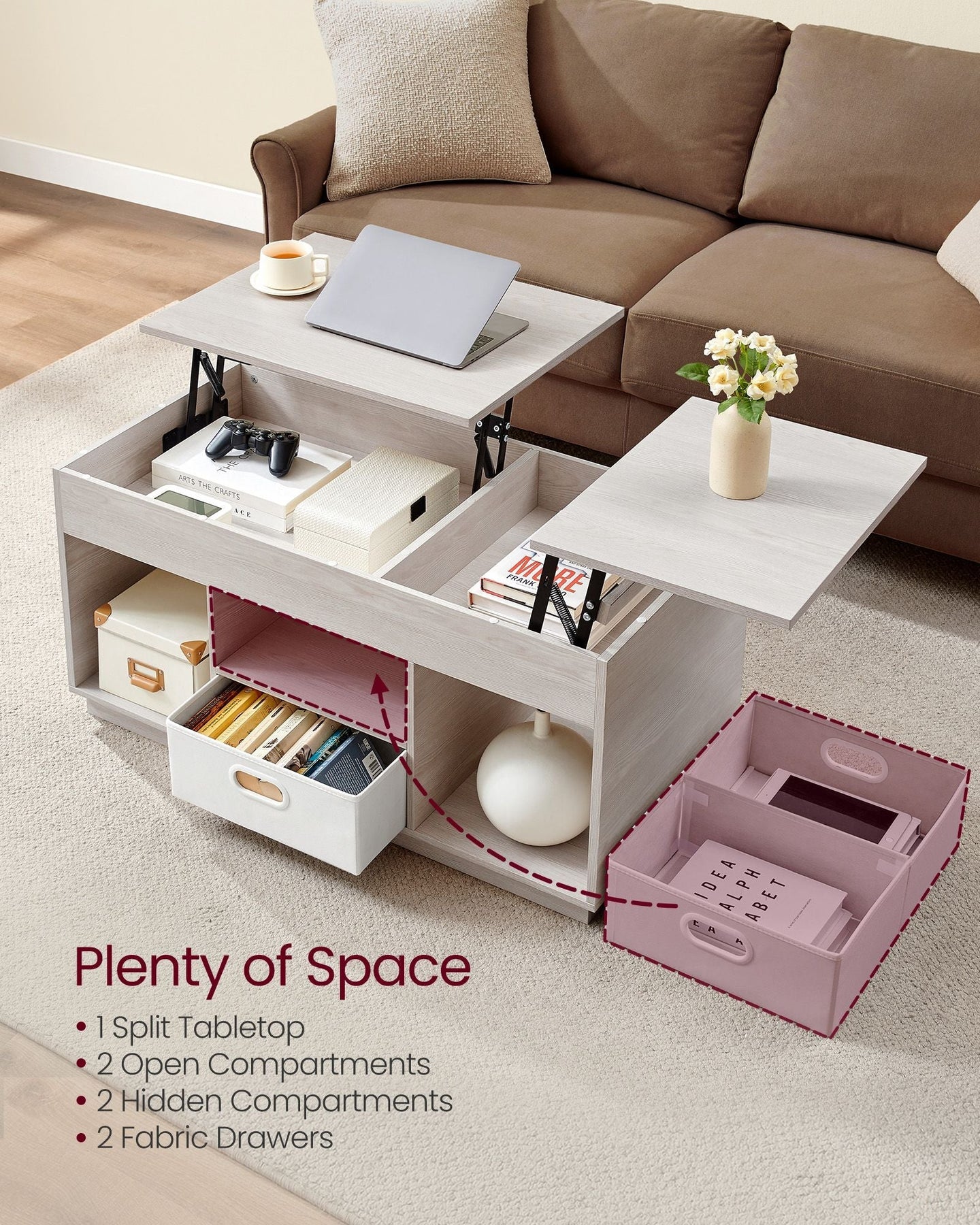 Lift Top Coffee Table - Wood - Oatmeal Beige - Dual Drawer and Hidden Compartment Design