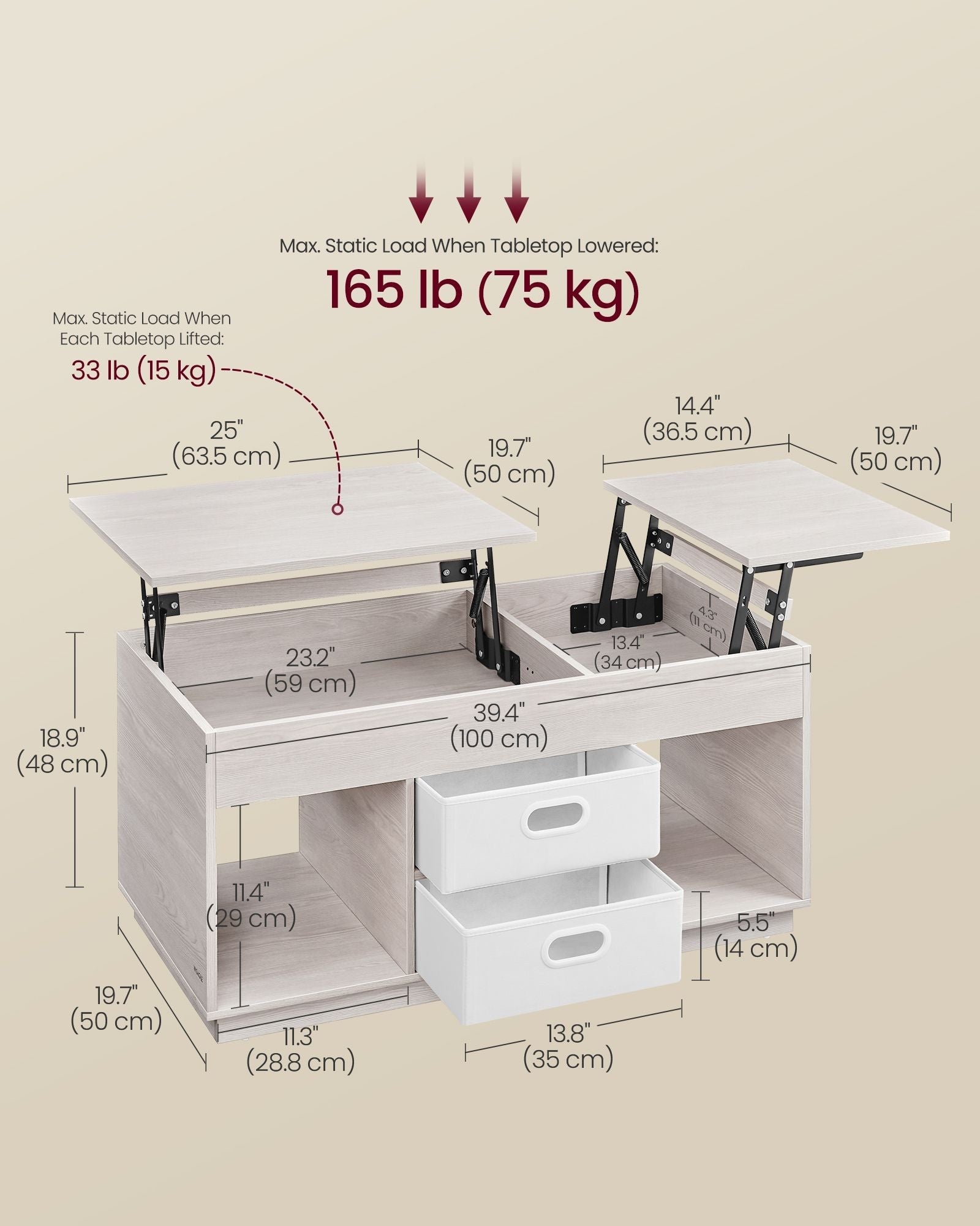 Lift Top Coffee Table - Wood - Oatmeal Beige - Dual Drawer and Hidden Compartment Design