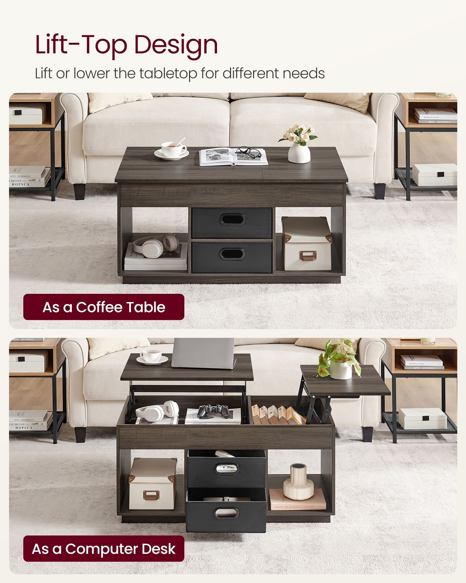 Lift Top Coffee Table - Wood - Ash Brown - With 2 Drawers and Hidden Compartments
