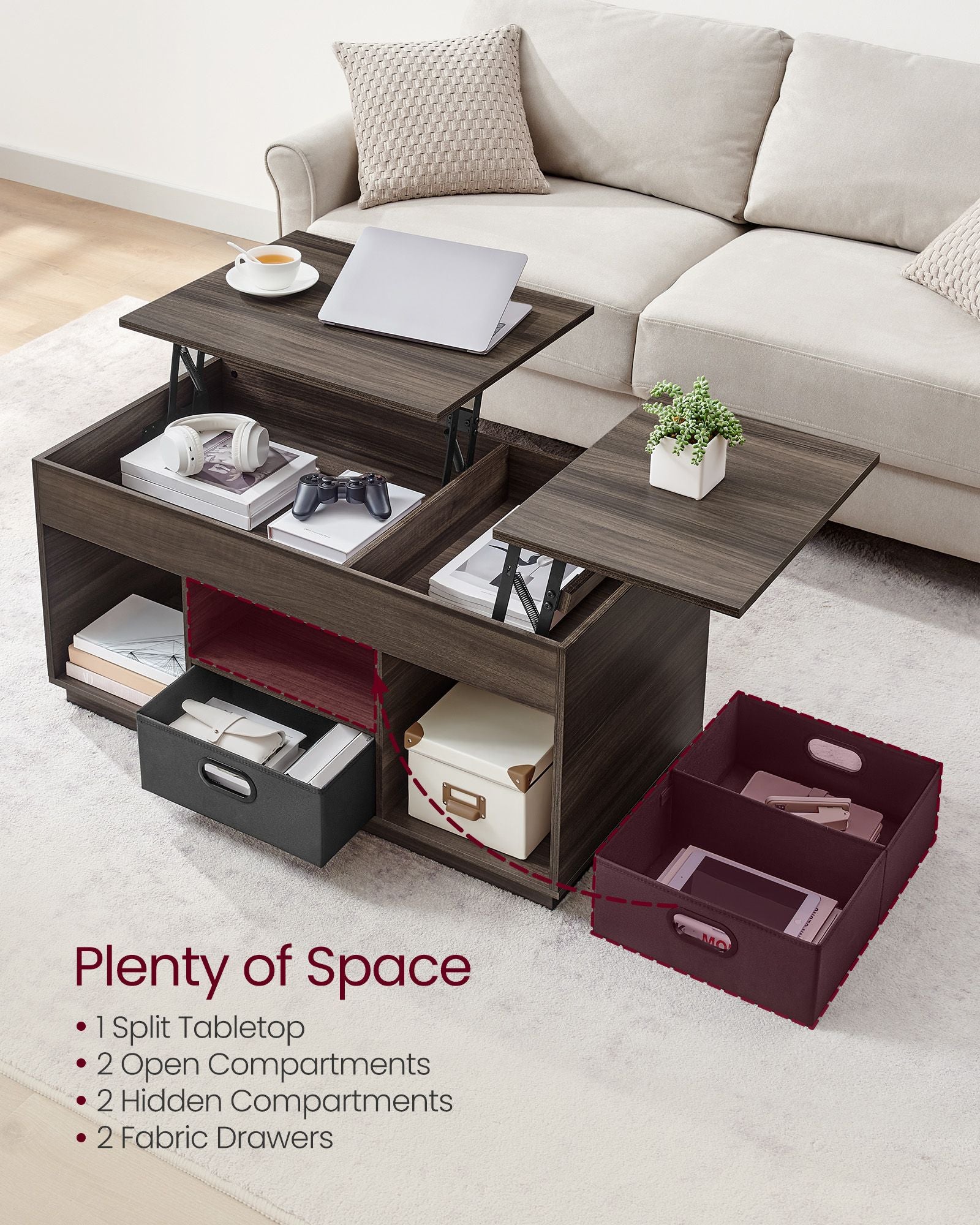 Lift Top Coffee Table - Wood - Ash Brown - With 2 Drawers and Hidden Compartments