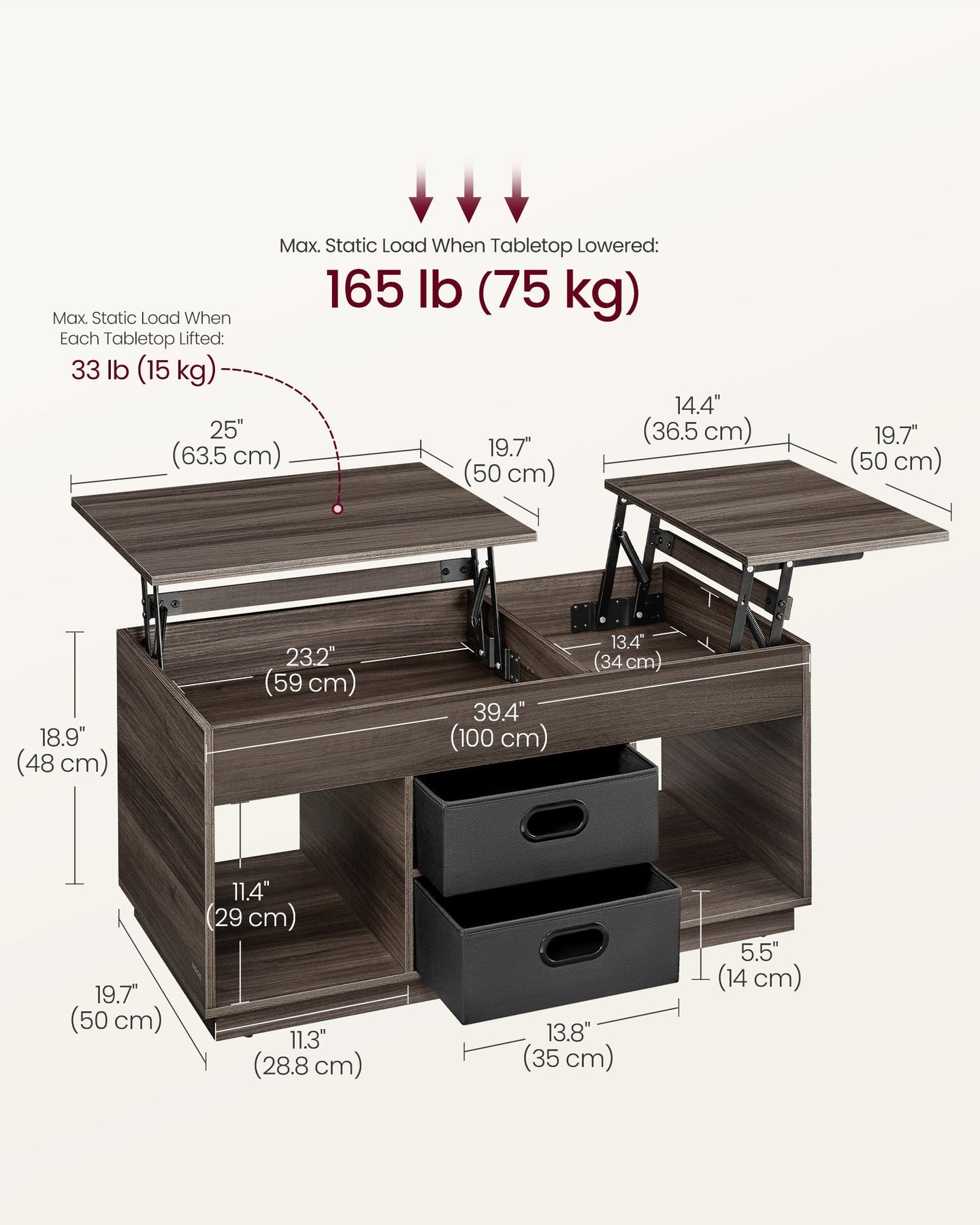 Lift Top Coffee Table - Wood - Ash Brown - With 2 Drawers and Hidden Compartments