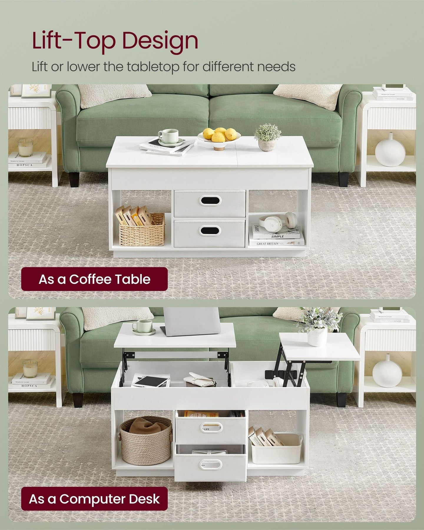 Lift Top Coffee Table - Wood - Snow White - With 2 Drawers and Hidden Compartments