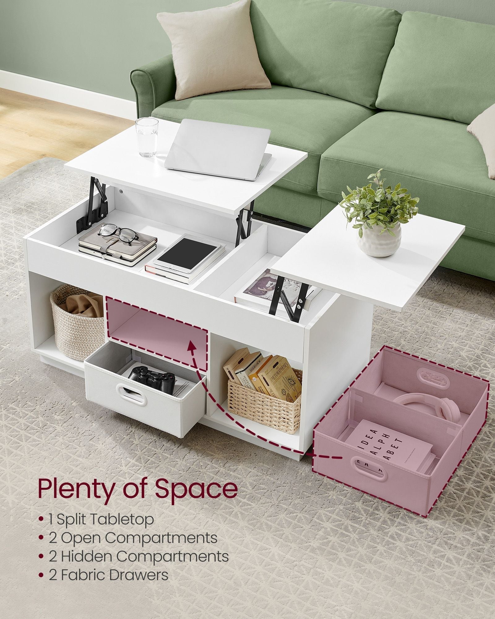 Lift Top Coffee Table - Wood - Snow White - With 2 Drawers and Hidden Compartments