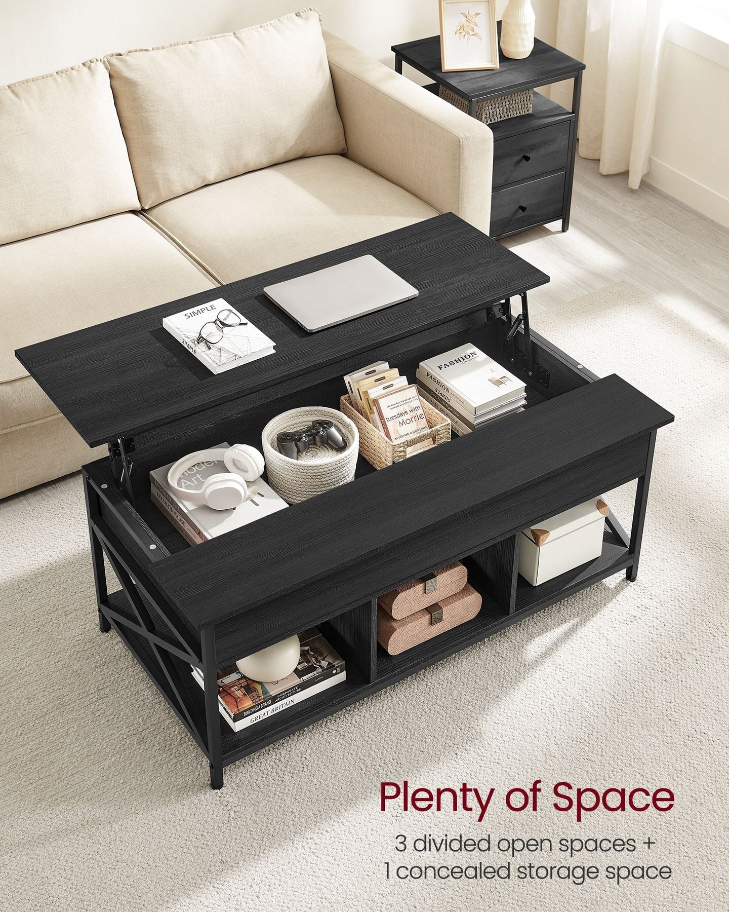 Lift-Top Coffee Table - Wood - Natural Finish - Open and Hidden Storage with X-Shaped Design