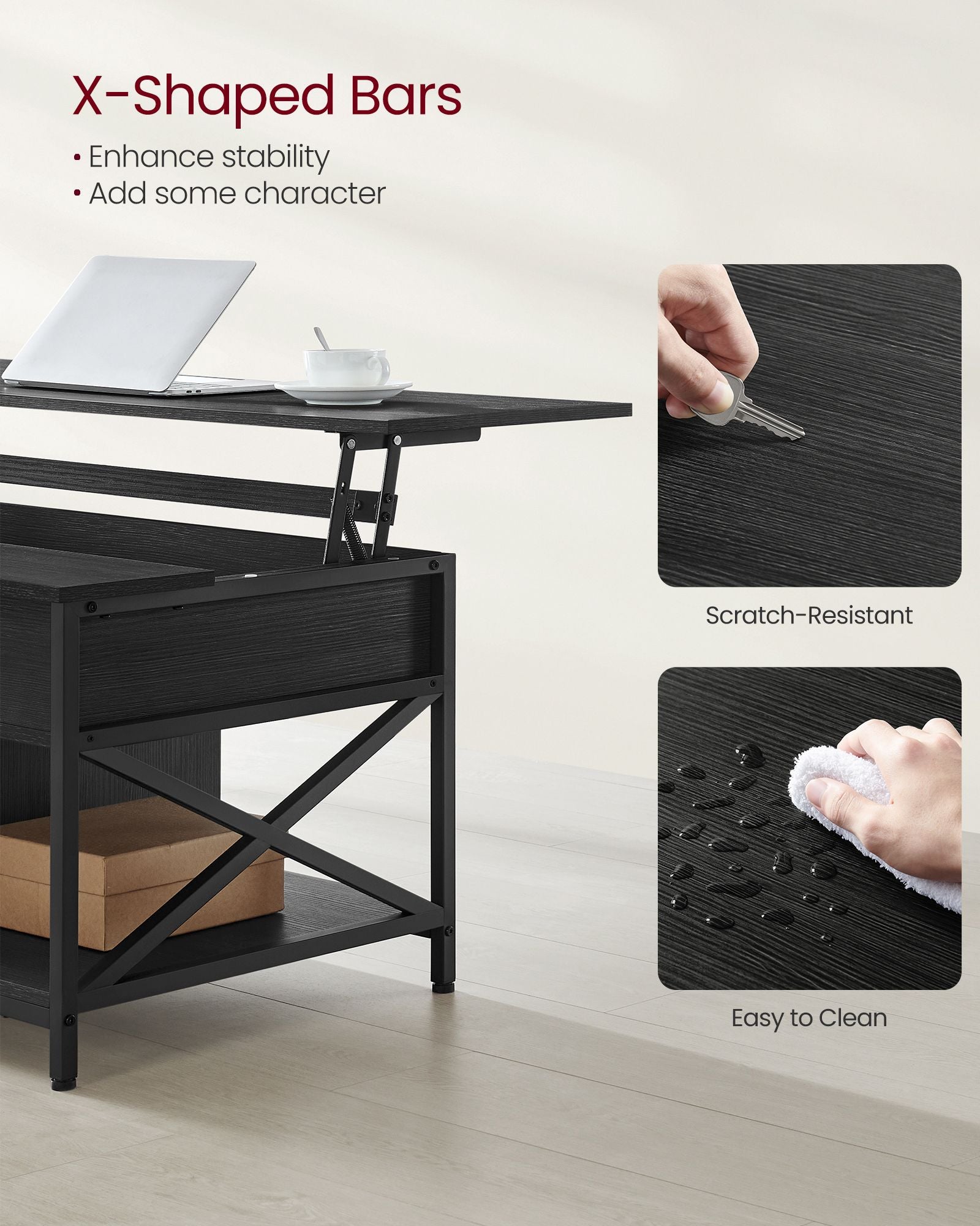 Lift-Top Coffee Table - Wood - Natural Finish - Open and Hidden Storage with X-Shaped Design