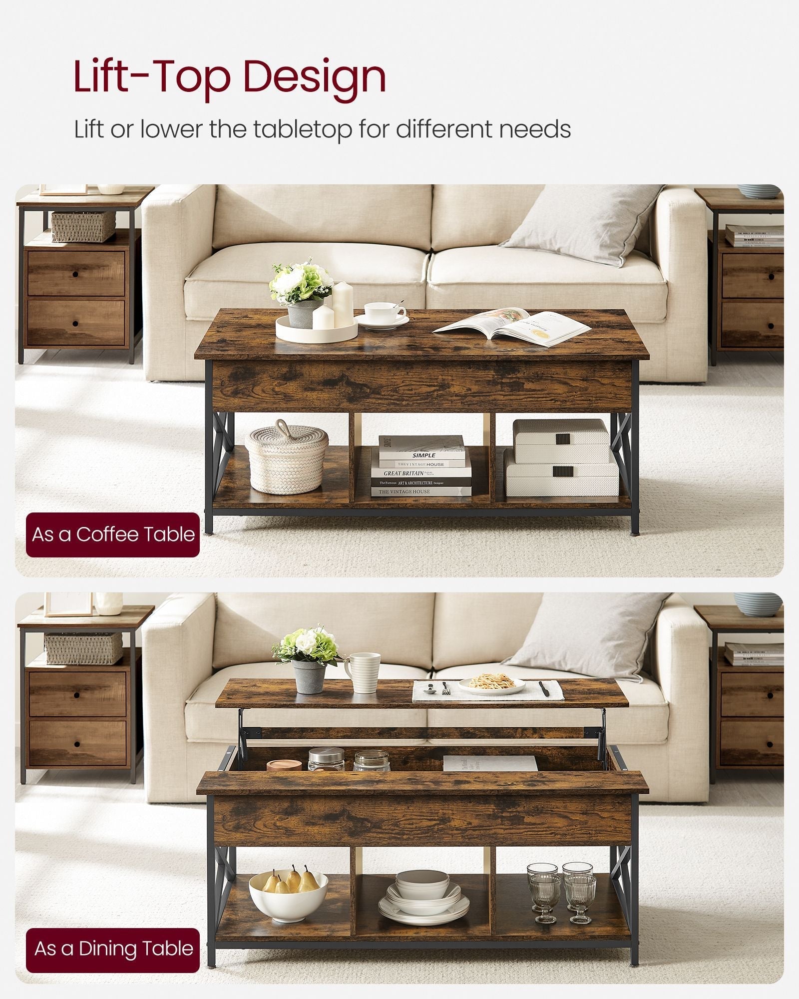 Lift-Top Coffee Table - Wood - Natural Finish - Open and Hidden Storage with X-Shaped Design