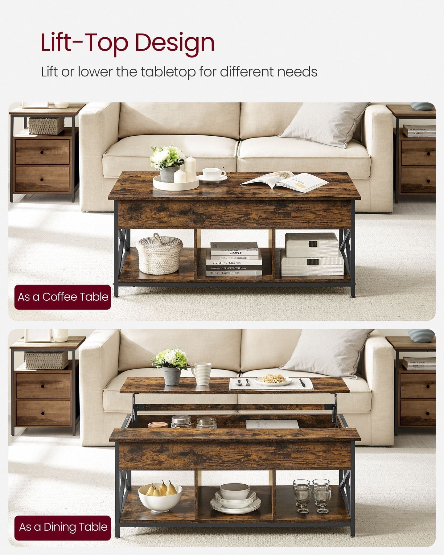 Lift-Top Coffee Table - Wood - Natural Finish - Open and Hidden Storage with X-Shaped Design