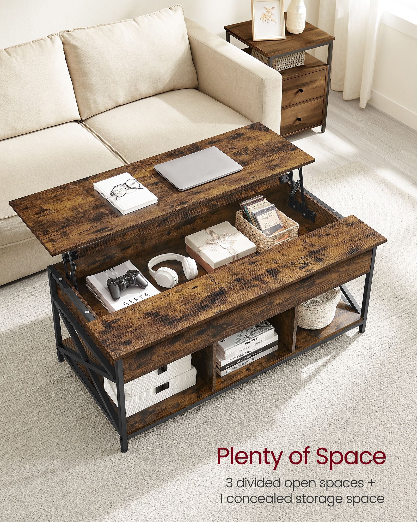 Lift-Top Coffee Table - Wood - Natural Finish - Open and Hidden Storage with X-Shaped Design