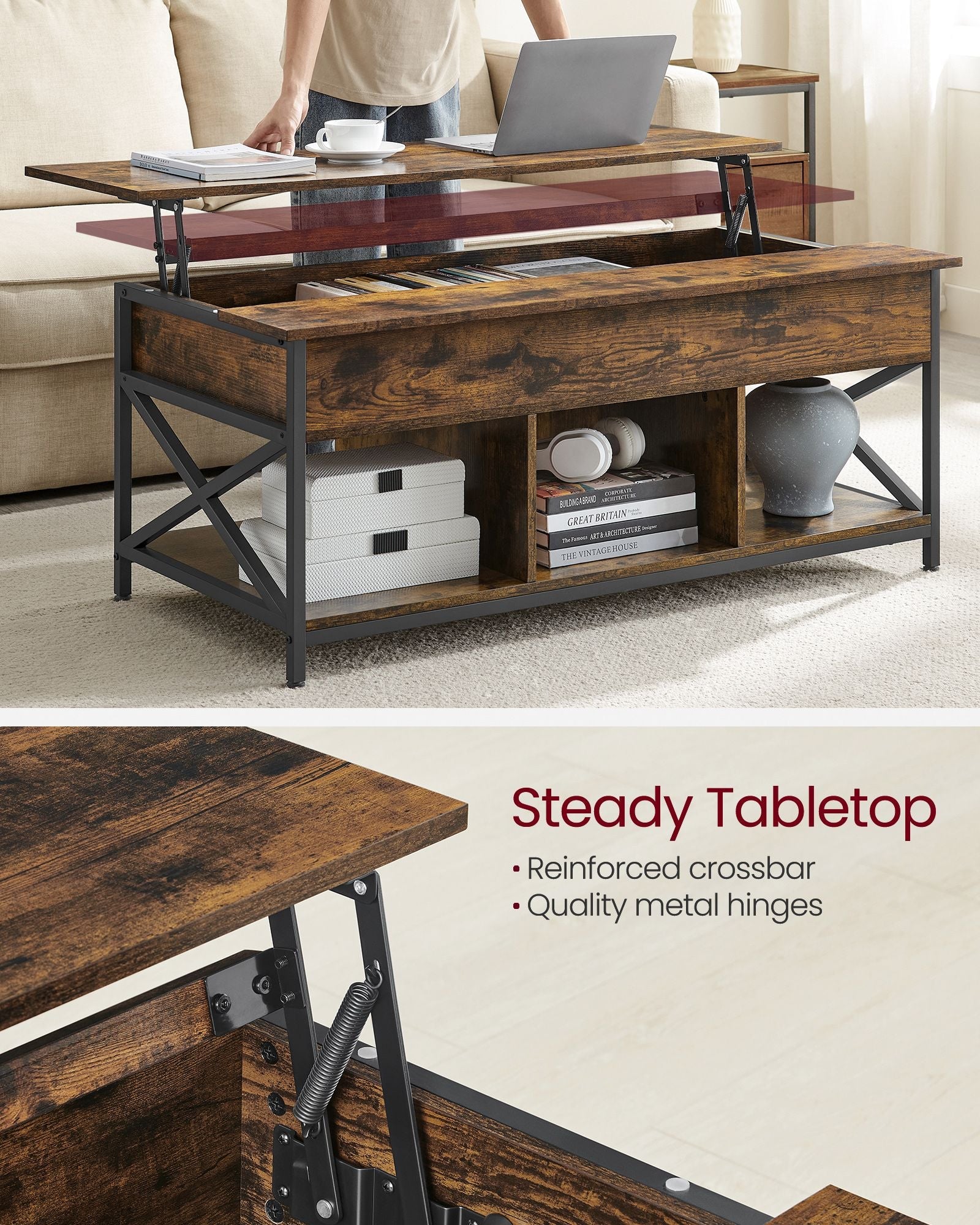 Lift-Top Coffee Table - Wood - Natural Finish - Open and Hidden Storage with X-Shaped Design